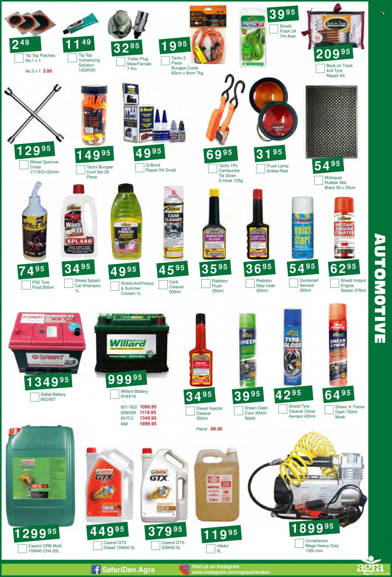 Agra catalogue  - 20/09/2022 - 18/10/2022 - Sales products - hook, rubber mat, pin, battery, lamp, spanner, air compressor, cord set, trailer, bungee cords, starter, truck lamp, injector cleaner, car shampoo, cleaner, antifreeze, Castrol, tyre cleaner. Page 3.