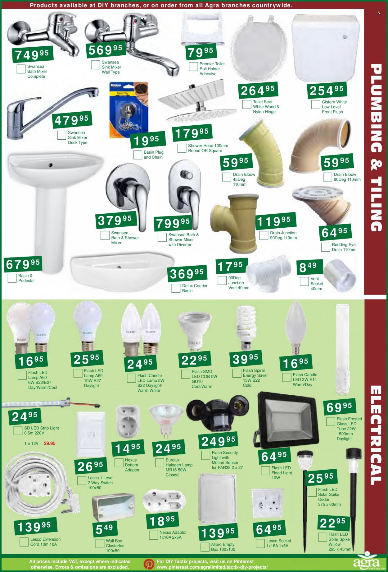 Agra catalogue  - 20/09/2022 - 18/10/2022 - Sales products - toilet seat, showerhead, bath mixer, shower mixer, holder, lamp, LED strip, floodlight, switch, wall box, extension cord. Page 9.