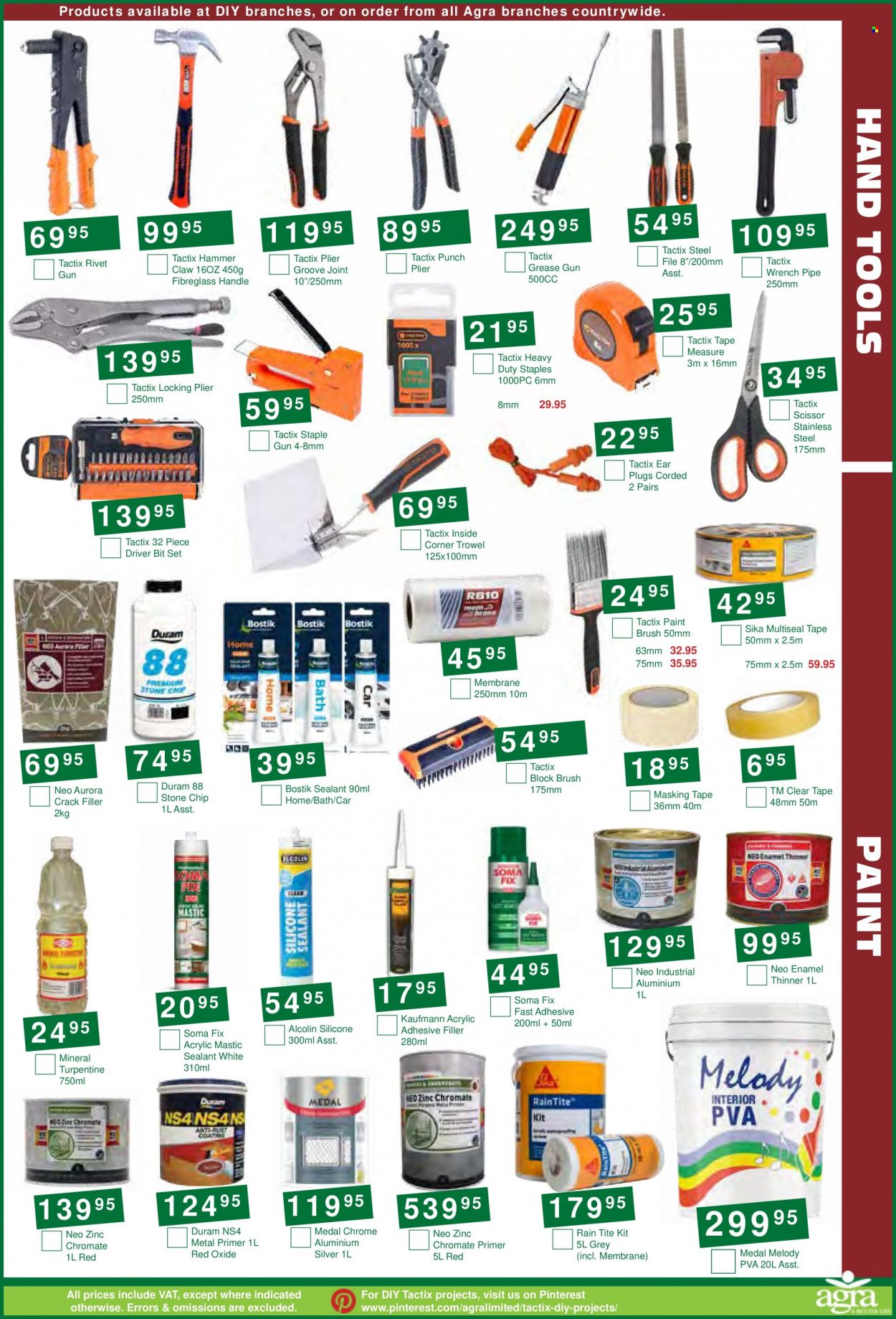 Agra catalogue  - 20/09/2022 - 18/10/2022 - Sales products - paint brush, scissors, masking tape, Duram, Medal, hammer, wrench, pliers, hand tools, measuring tape, zinc, gun. Page 11.