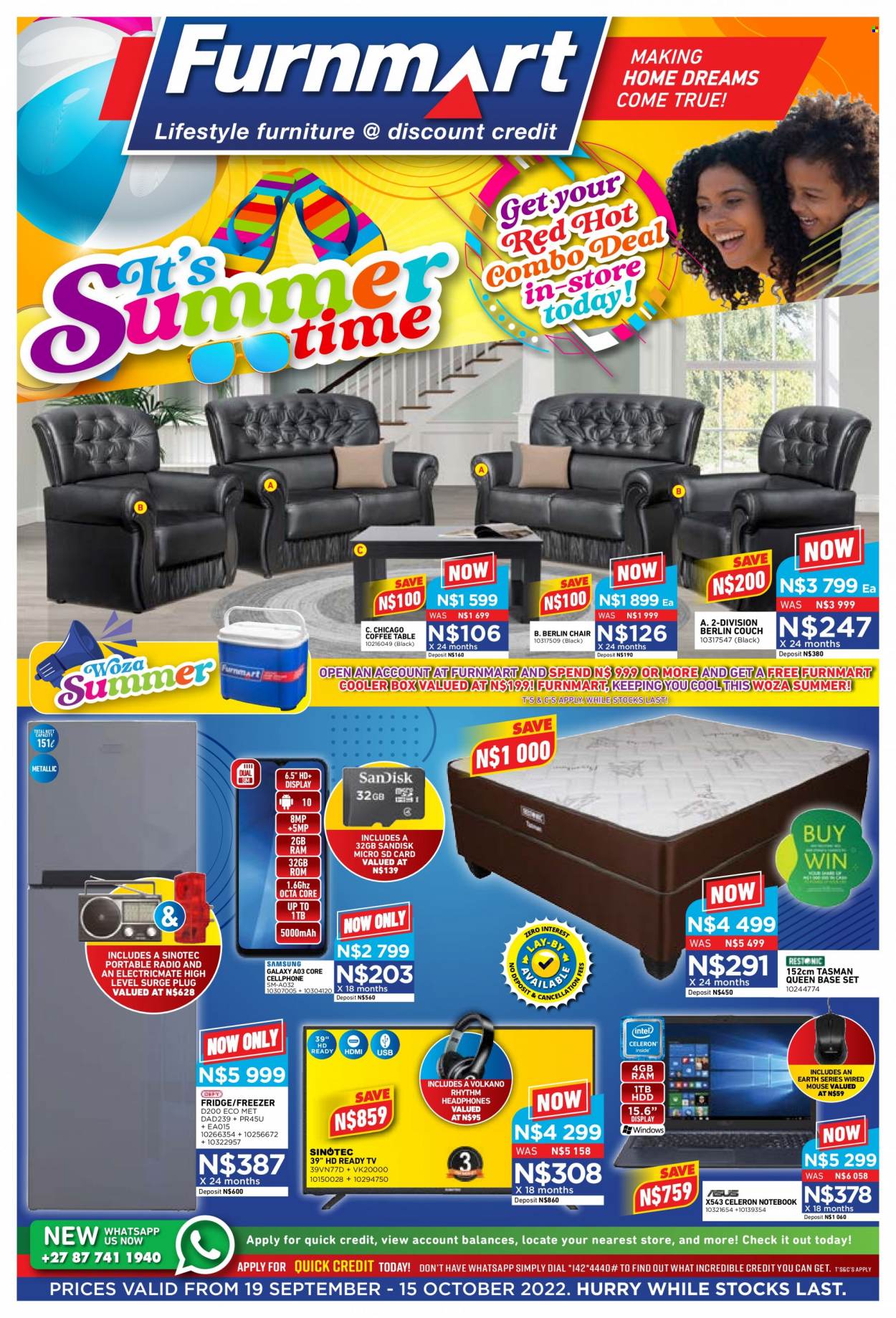 Furnmart catalogue  - 19/09/2022 - 15/10/2022 - Sales products - table, chair, couch, coffee table, base set, notebook, memory card, mouse, Sandisk, TV, SINOTEC, radio, headphones, Volkano, freezer, refrigerator, fridge. Page 1.