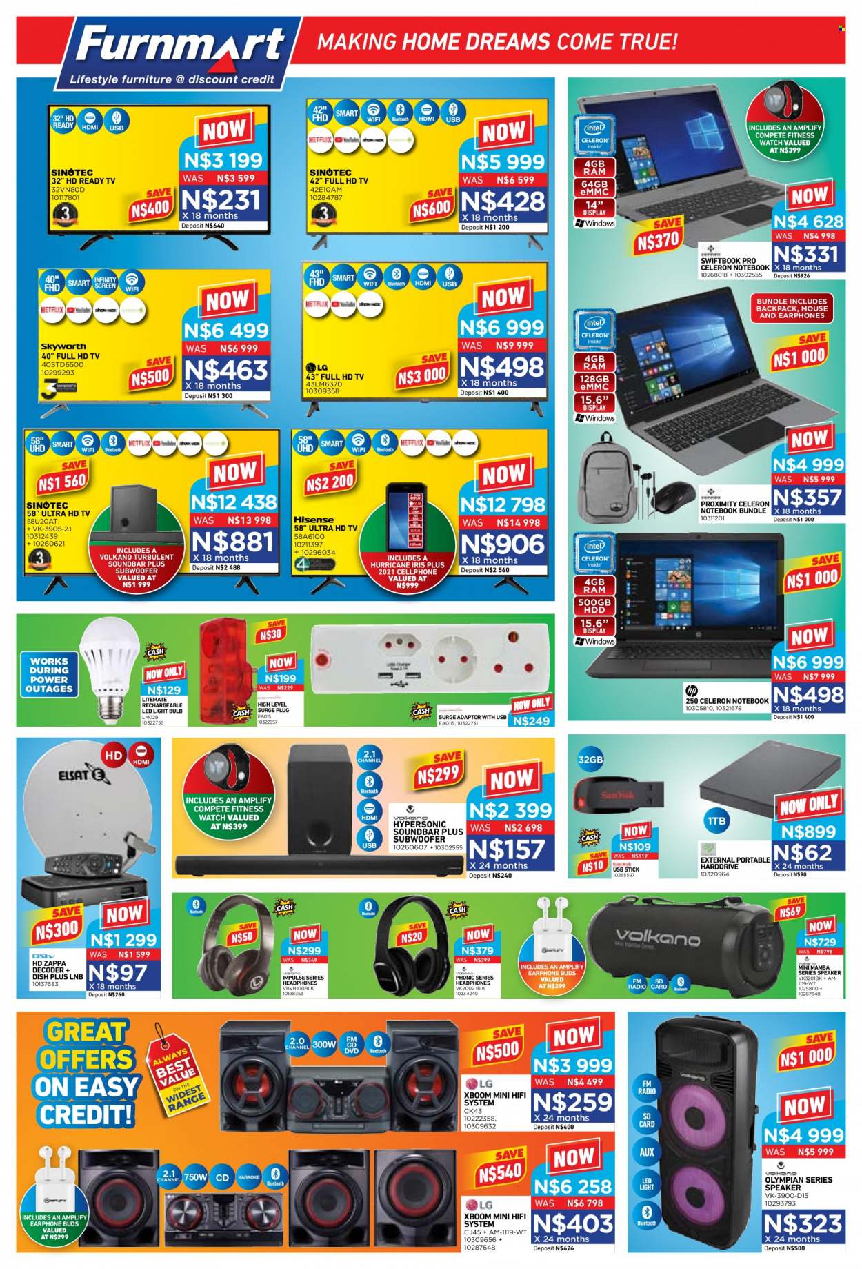 Furnmart catalogue  - 19/09/2022 - 15/10/2022 - Sales products - fitness smart watch, notebook, memory card, mouse, UHD TV, ultra hd, HDTV, Full HD TV, TV, radio, decoder, speaker, subwoofer, sound bar, headphones, Volkano, earphone. Page 6.
