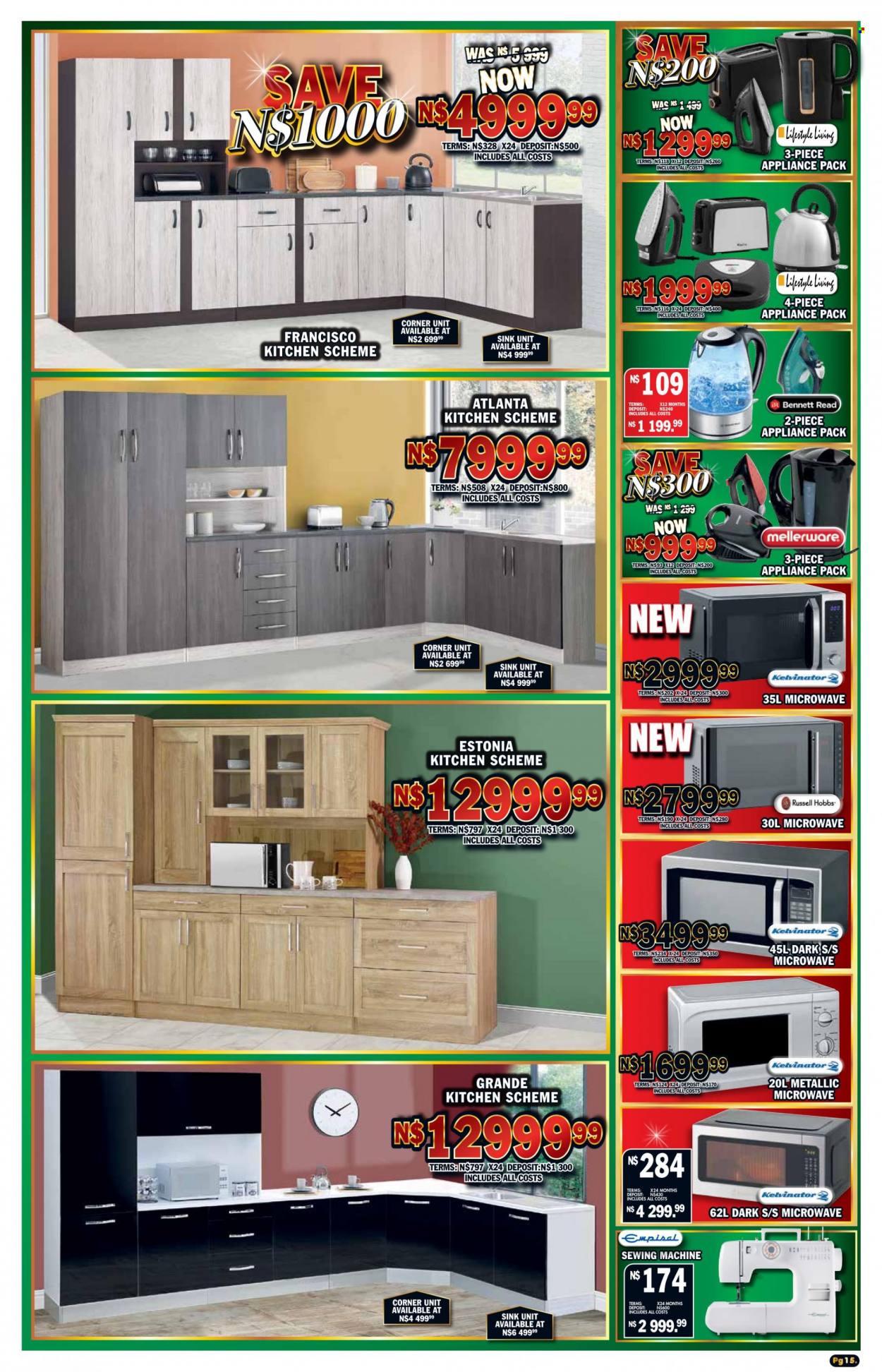 Lewis catalogue  - 19/09/2022 - 15/10/2022 - Sales products - kitchen scheme, Kelvinator, microwave oven, Russell Hobbs. Page 15.
