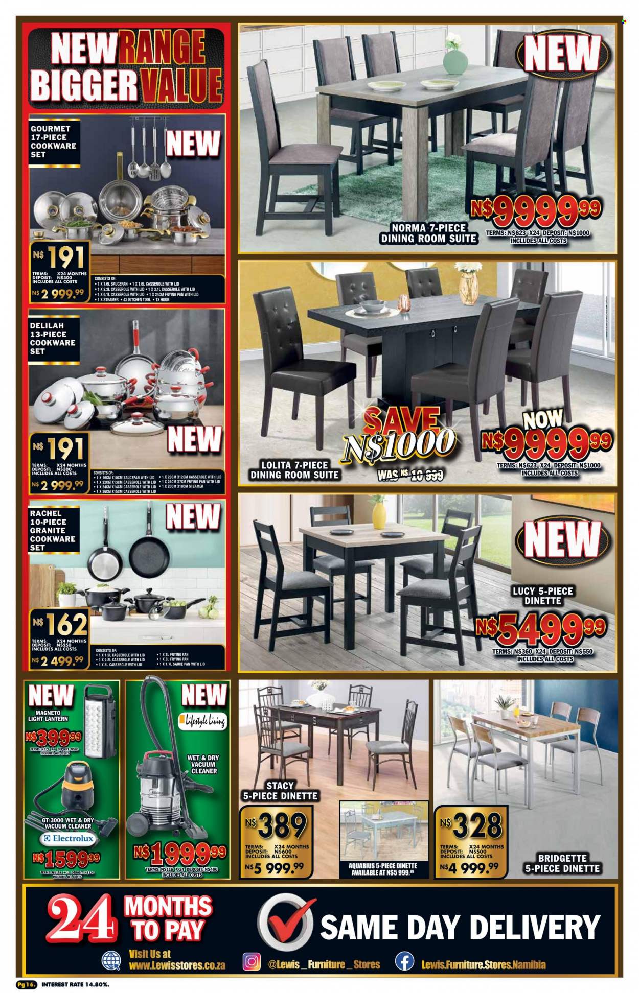 Lewis catalogue  - 19/09/2022 - 15/10/2022 - Sales products - dining room suite, lantern, cookware set, casserole, saucepan, kitchen tools, Electrolux. Page 16.
