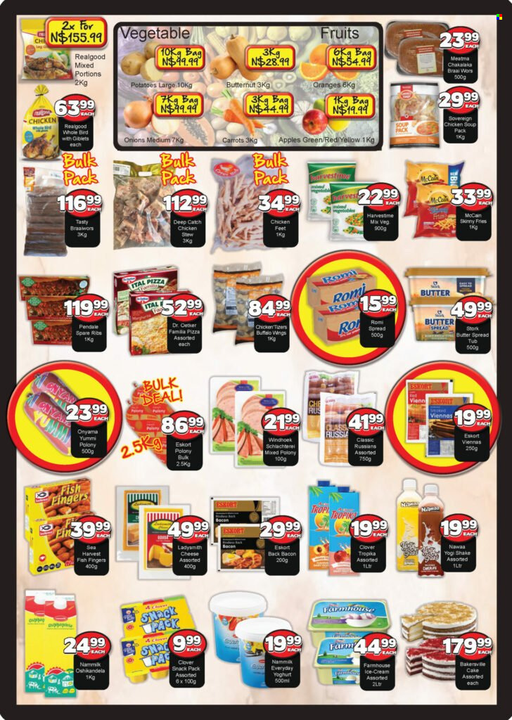 Metro catalogue  - 20/09/2022 - 09/10/2022 - Sales products - cake, carrots, potatoes, orange, apples, fish, fish fingers, Sea Harvest, fish sticks, pizza, chicken soup, soup, chakalaka, bacon, polony, vienna sausage, russians, Dr. Oetker, yoghurt, shakes, butter, Harvestime, McCain, potato fries, Ital Pizza, Tropika, chicken paws, chicken meat, pork spare ribs, butternut squash, braai wors. Page 2.