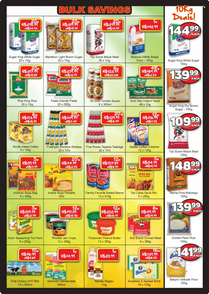 Metro catalogue  - 20/09/2022 - 09/10/2022 - Sales products - bread, white bread, soup, pasta, Knorr, sauce, milk, Number 1 Mageu, yeast, Sunshine, creamer, Nestlé, bread flour, cane sugar, flour, Cremora, maize meal, Knorrox, tomato sauce, corned meat, baked beans, rice, Pasta Grandé, spice, jam, peanut butter, tea bags, rooibos tea, instant coffee, Ricoffy. Page 9.
