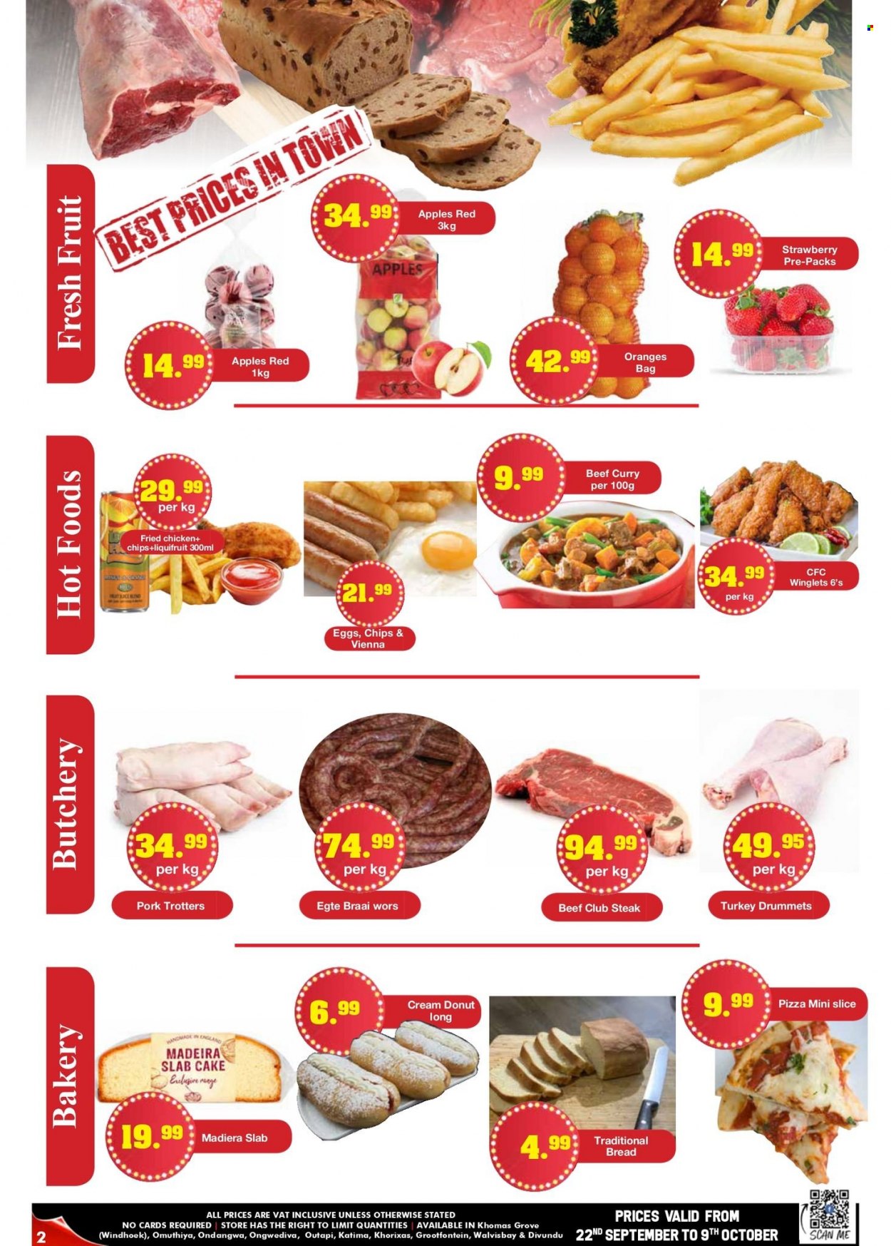 Choppies catalogue  - 22/09/2022 - 09/10/2022 - Sales products - cake, donut, strawberries, orange, apples, pizza, fried chicken, eggs, chips, steak, braai wors. Page 2.