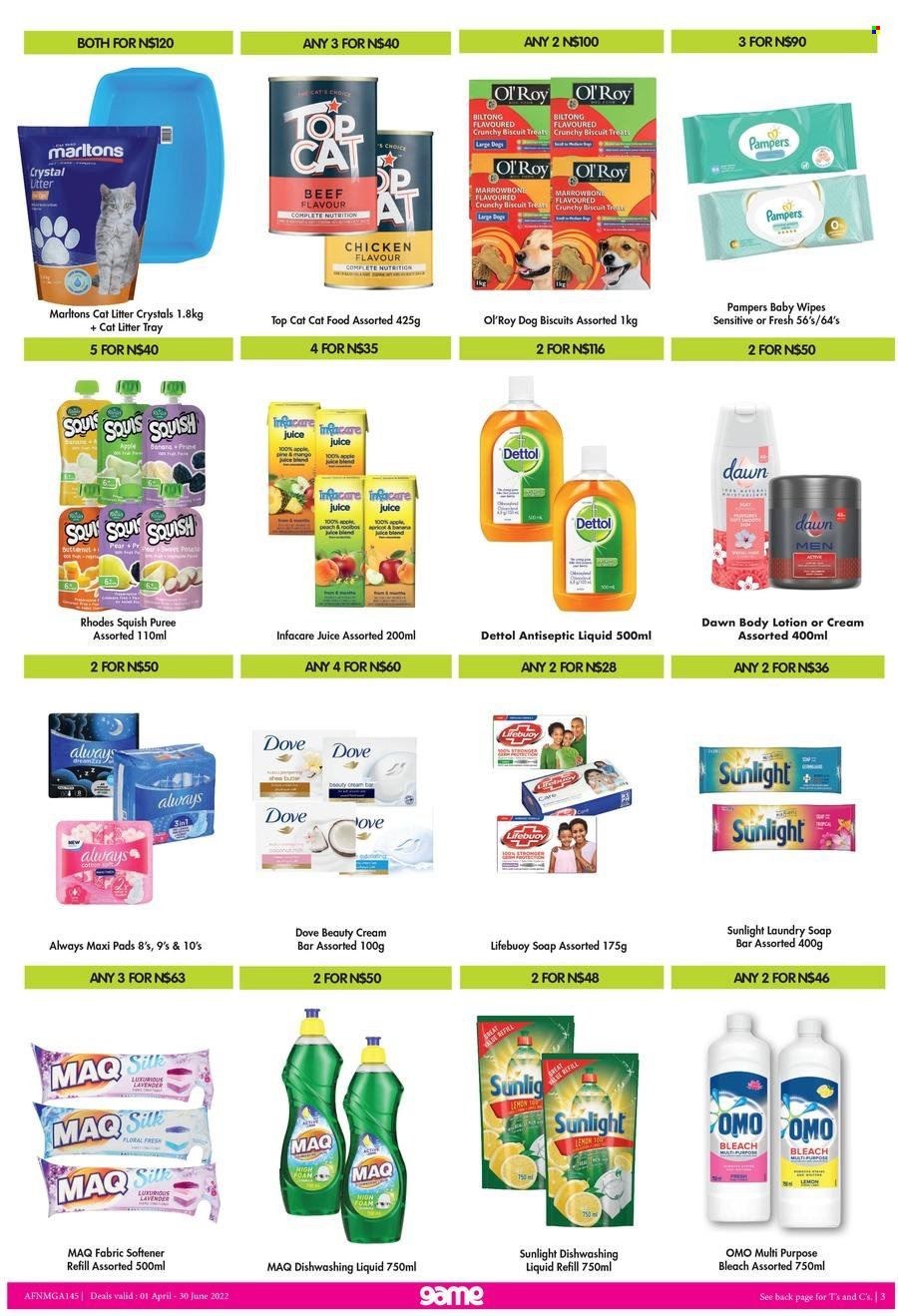 thumbnail - Game catalogue  - 01/04/2022 - 30/06/2022 - Sales products - pears, juice, wipes, Pampers, baby wipes, Dettol, bleach, fabric softener, Omo, softener refill, laundry soap bar, Sunlight, dishwashing liquid, Dove, soap bar, soap, Lifebuoy, sanitary pads, body lotion, animal food, animal treats, cat food, dog food, dog biscuits, Apple. Page 3.