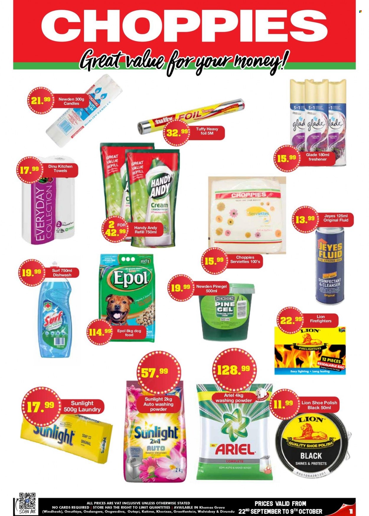 Choppies catalogue  - 22/09/2022 - 09/10/2022 - Sales products - kitchen towels, desinfection, Ariel, laundry powder, Sunlight, Surf, dishwashing liquid, hand wash, soap, cleanser. Page 11.