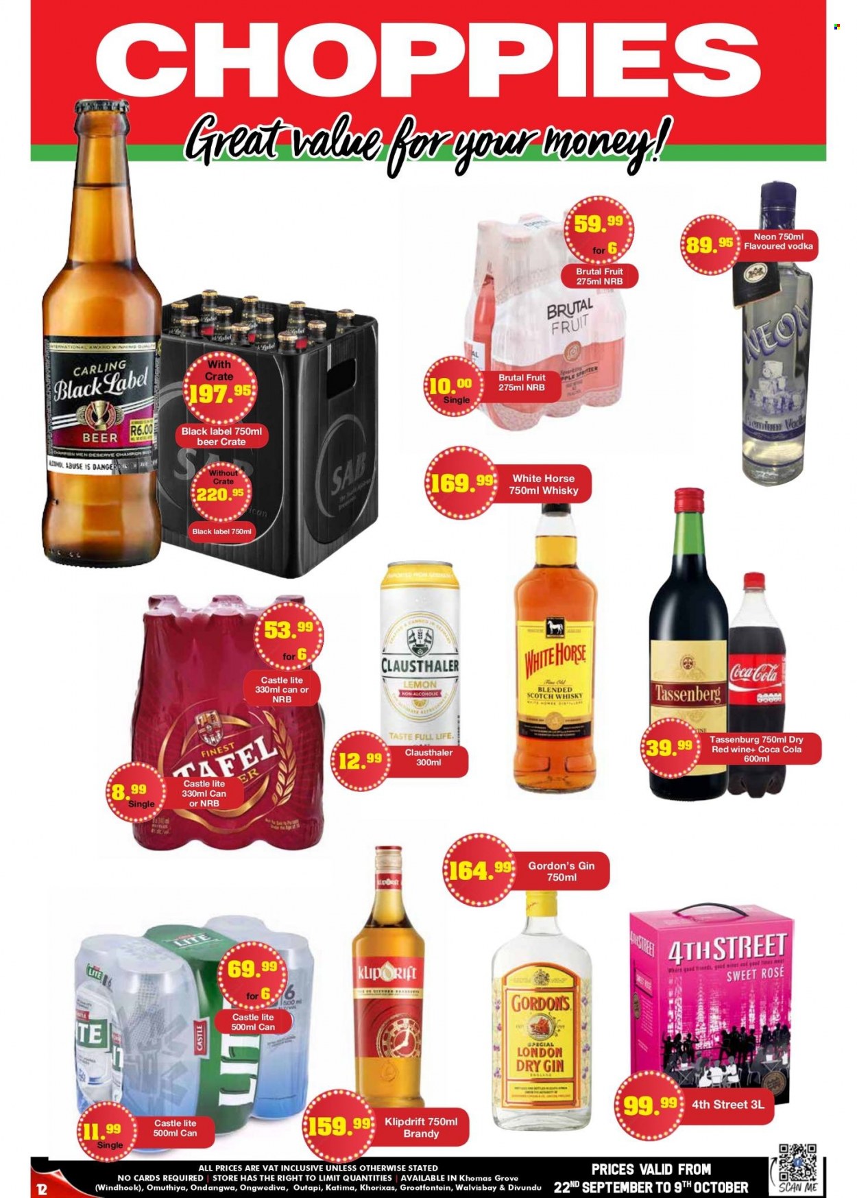 Choppies catalogue  - 22/09/2022 - 09/10/2022 - Sales products - Coca-Cola, Sprite, red wine, wine, rosé wine, brandy, gin, vodka, Gordon's, Klipdrift, scotch whisky, whisky, beer, Carling, Castle, crate. Page 12.