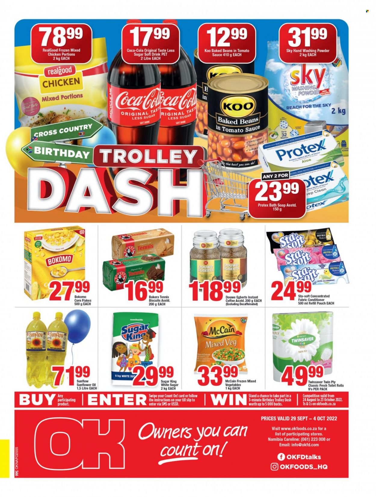 OK catalogue  - 29/09/2022 - 04/10/2022 - Sales products - coconut, mixed vegetables, McCain, biscuit, baked beans, Koo, corn flakes, sunflower oil, oil, Coca-Cola, soft drink, instant coffee, Douwe Egberts. Page 1.