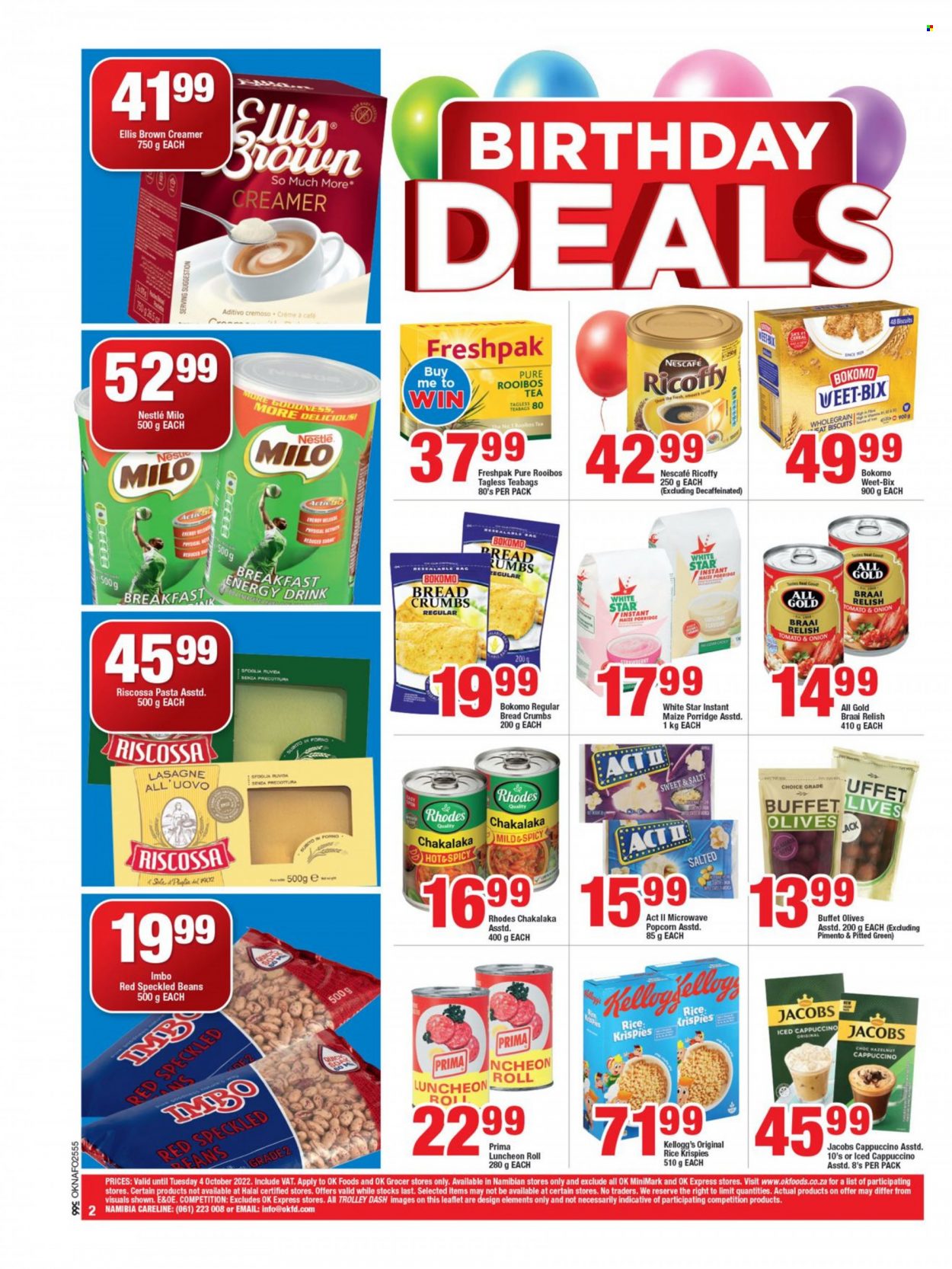 OK catalogue  - 29/09/2022 - 04/10/2022 - Sales products - breadcrumbs, beans, pasta, chakalaka, lunch meat, Milo, Ellis Brown, creamer, Nestlé, cereal bar, Kellogg's, biscuit, popcorn, White Star, red beans, olives, Weet-Bix, porridge, Rice Krispies, energy drink, tea, tea bags, rooibos tea, cappuccino, Jacobs, Ricoffy, Nescafé. Page 2.
