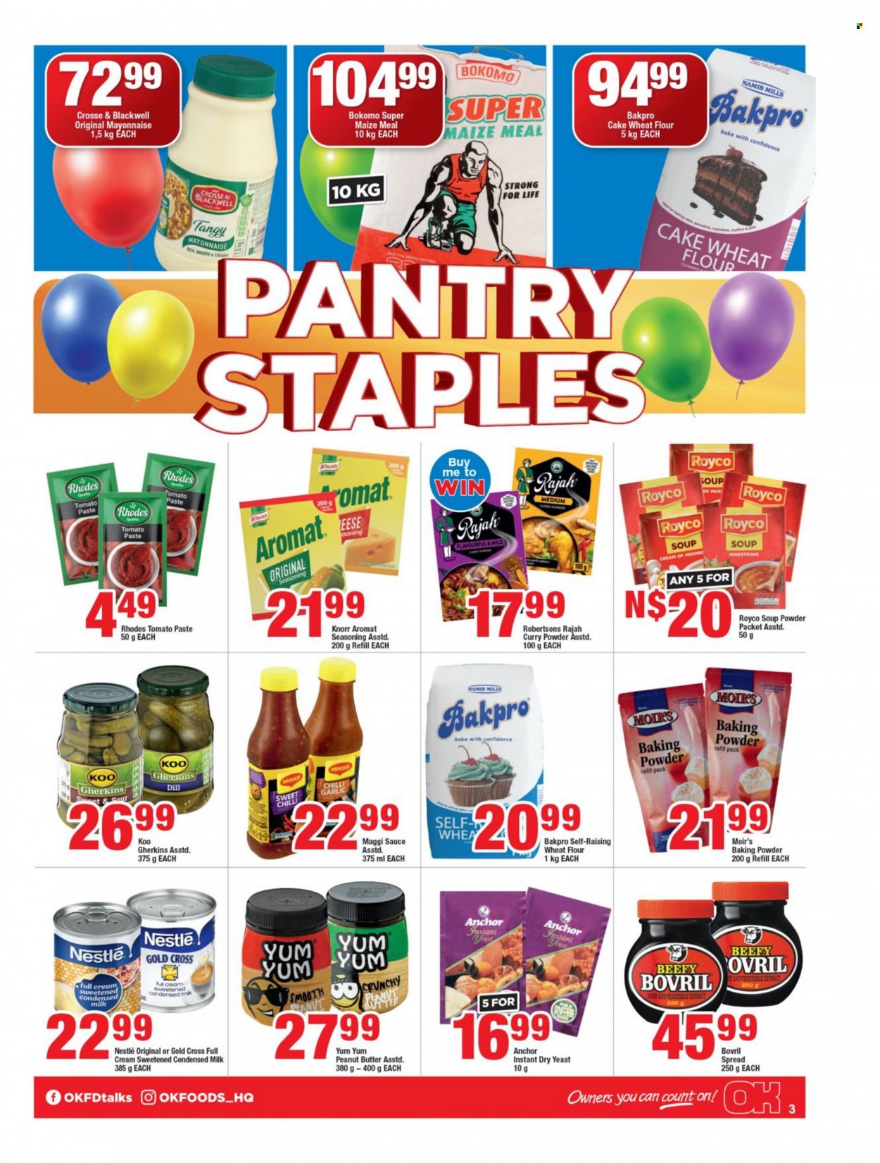 OK catalogue  - 29/09/2022 - 04/10/2022 - Sales products - garlic, soup, Knorr, sauce, milk, condensed milk, yeast, Anchor, mayonnaise, Nestlé, baking powder, flour, wheat flour, Maggi, dry yeast, maize meal, cake flour, tomato paste, Koo, dill, spice, curry powder, peanut butter. Page 3.