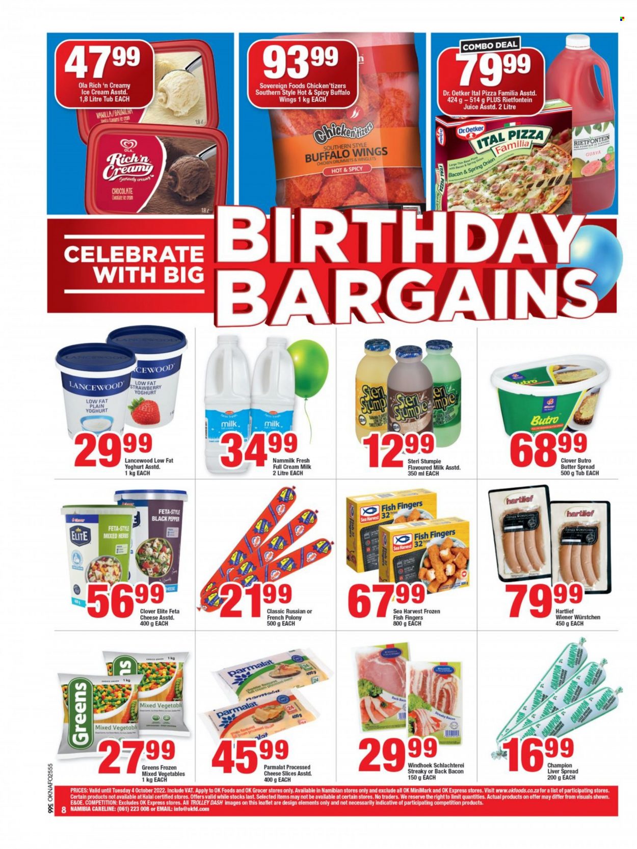 OK catalogue  - 29/09/2022 - 04/10/2022 - Sales products - Bella, onion, green onion, guava, fish, fish fingers, Sea Harvest, fish sticks, pizza, french polony, streaky bacon, polony, sliced cheese, cheddar, Dr. Oetker, Lancewood, feta cheese, yoghurt, Clover, Parmalat, flavoured milk, Steri Stumpie, butter, ice cream, Ola, mixed vegetables, Ital Pizza, black pepper, juice, Sol. Page 7.