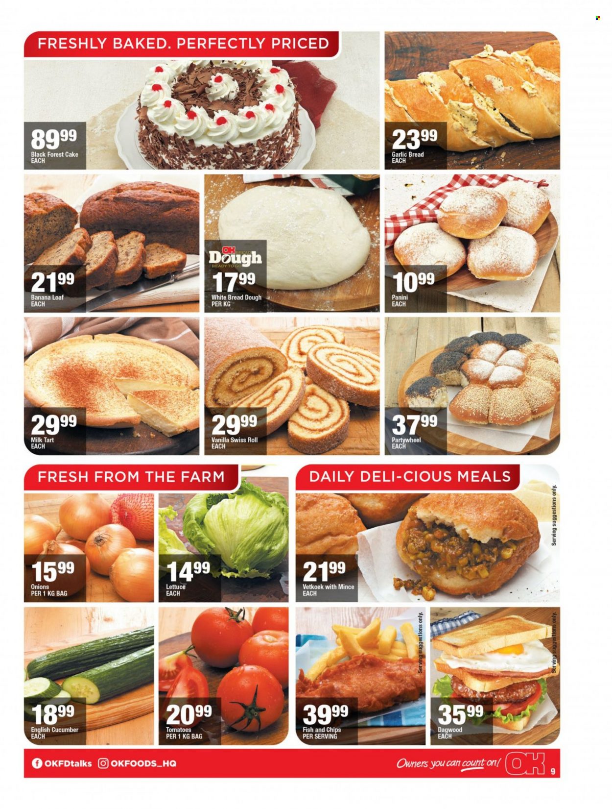 OK catalogue  - 29/09/2022 - 04/10/2022 - Sales products - bread, white bread, tart, cake, panini, swiss roll, banana bread, milk tart, tomatoes, lettuce, onion, dagwood, milk, bread dough, chips. Page 8.