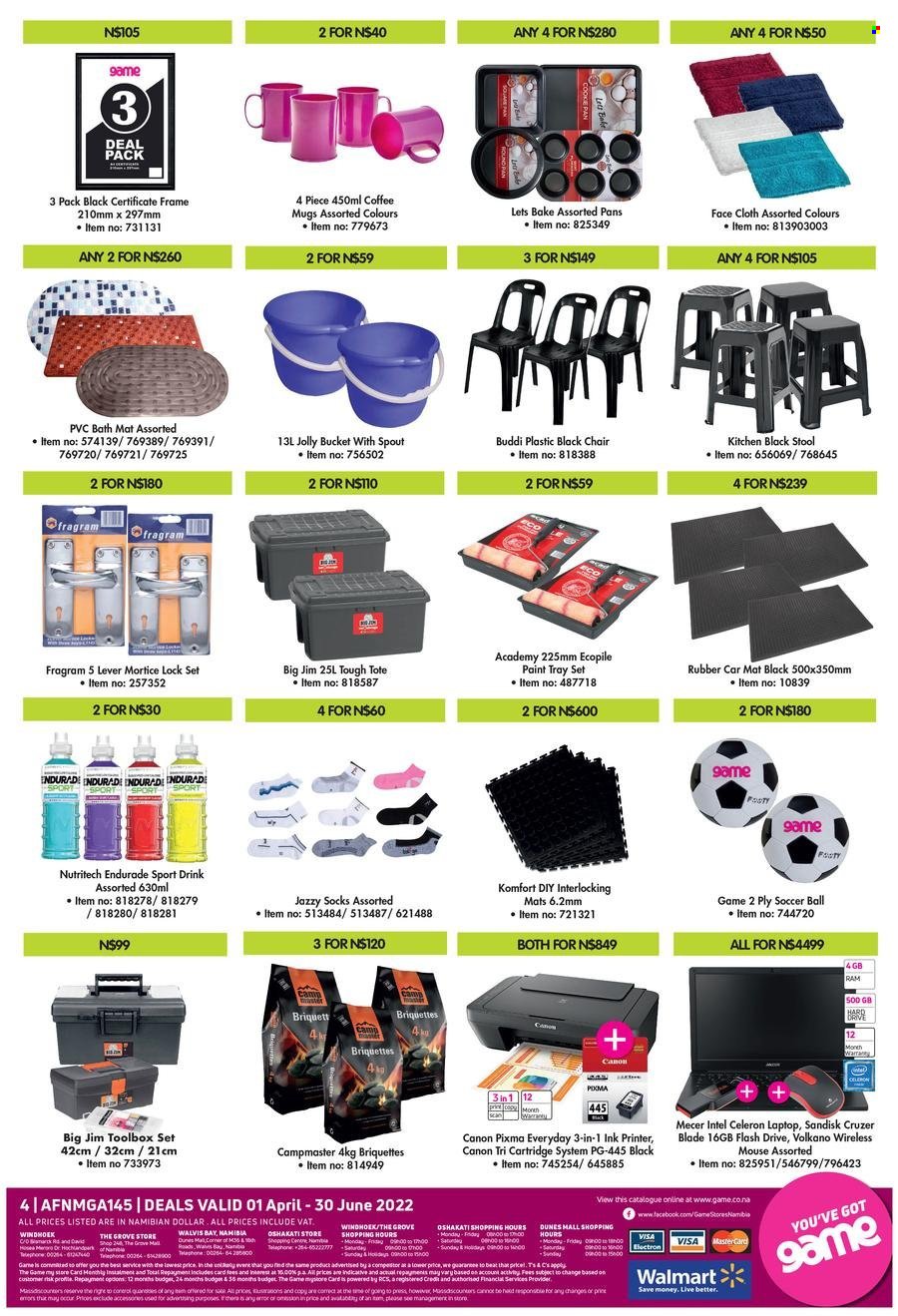 Game catalogue  - 01/04/2022 - 30/06/2022 - Sales products - Sandisk, coffee, bath mat, facecloth, laptop, Volkano, Canon, ink printer, printer, cartridge, socks, tool box, tote, briquettes. Page 4.
