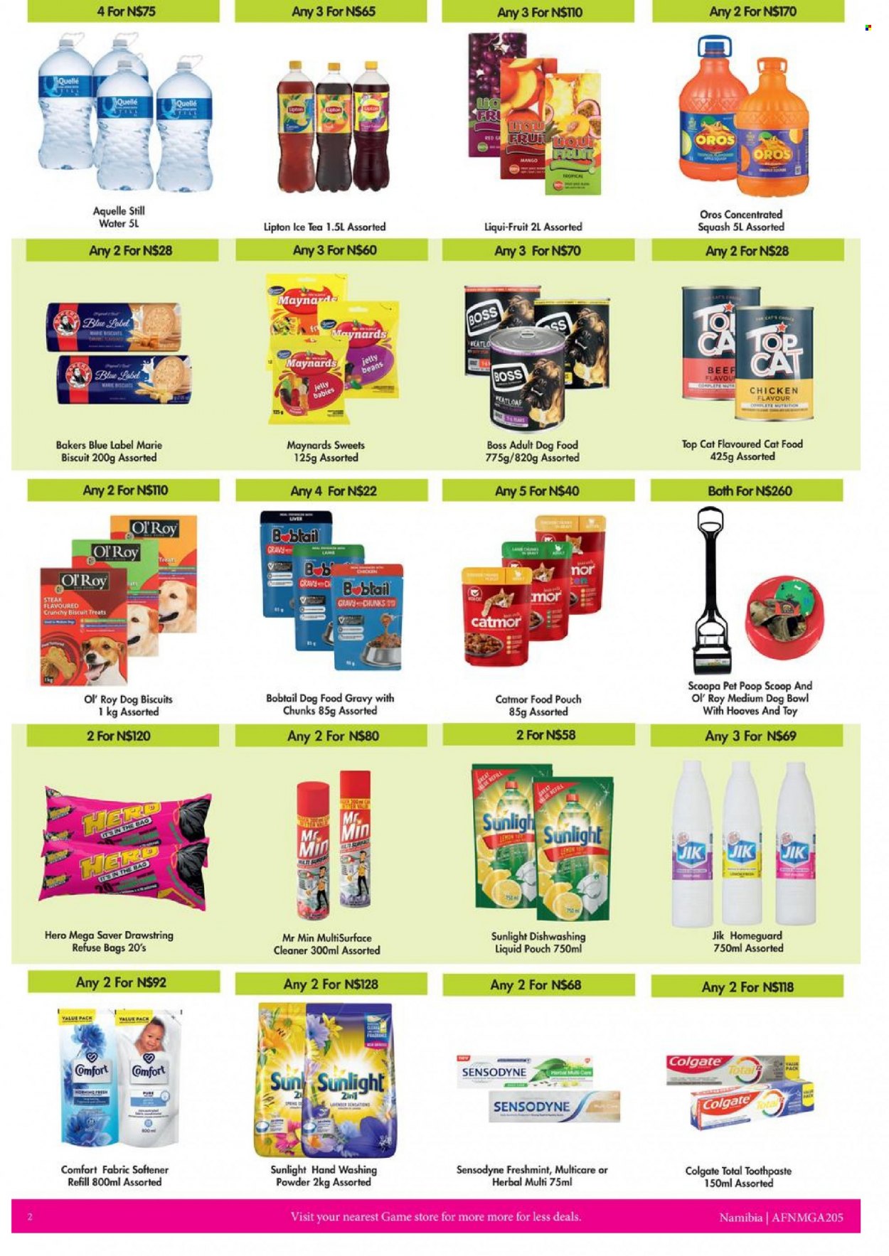 Game catalogue  - 01/10/2022 - 31/12/2022 - Sales products - mango, Mars, jelly beans, Lipton, ice tea, Oros, mineral water, bottled water, Aquellé, tea, steak, cleaner, fabric softener, softener refill, laundry powder, Sunlight, Comfort softener, dishwashing liquid, Colgate, toothpaste, Sensodyne, bowl, animal food, animal treats, cat food, dog food, dog biscuits, Bakers, refuse bag. Page 2.