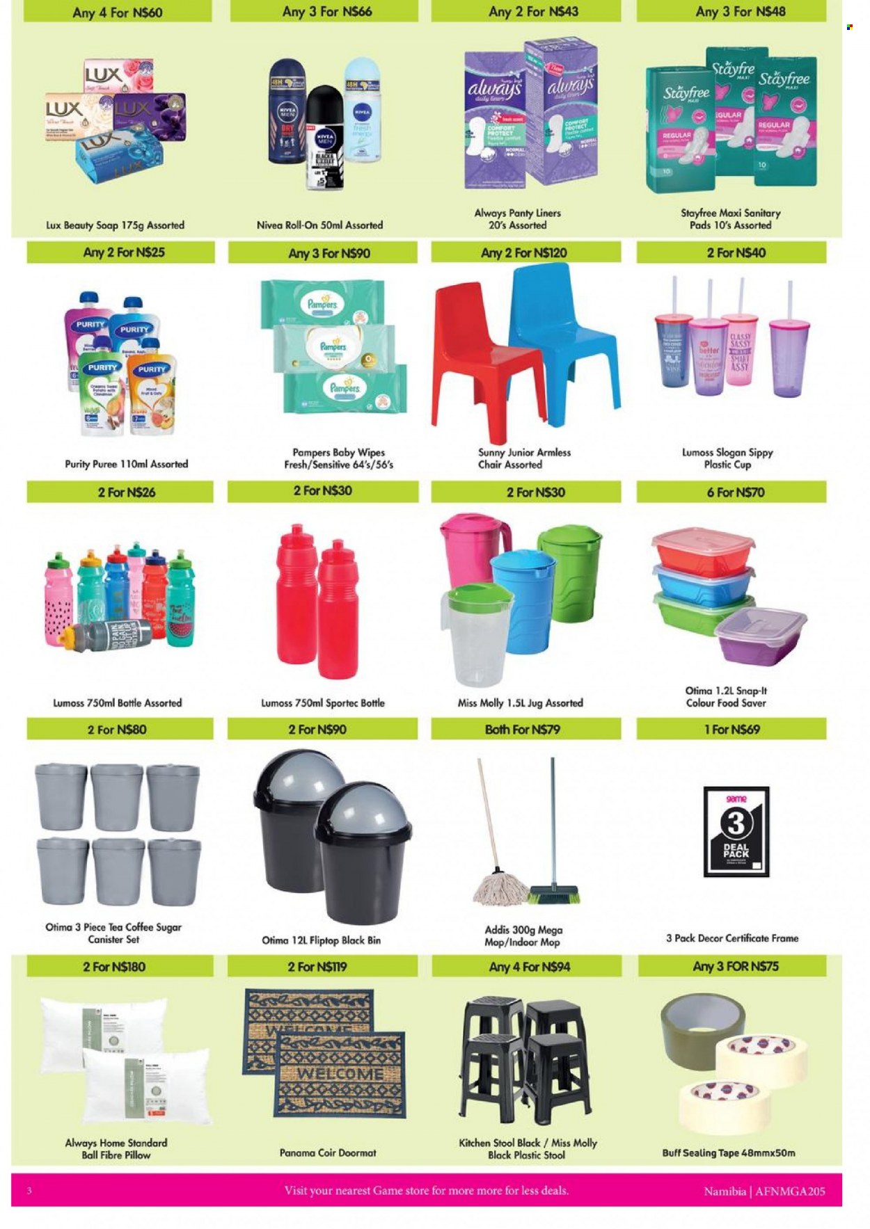 thumbnail - Game catalogue  - 01/10/2022 - 31/12/2022 - Sales products - sugar, tea, coffee, Purity, wipes, Pampers, baby wipes, Always liners, Lux, Nivea, soap, Stayfree, sanitary pads, roll-on, canister, cup, pillow. Page 3.