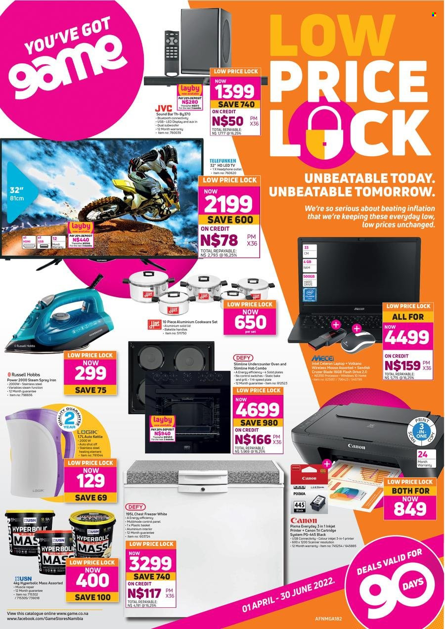Game catalogue  - 01/04/2022 - 30/06/2022 - Sales products - Sandisk, kettle, cookware set, plate, laptop, LED TV, JVC, TV, subwoofer, sound bar, headphones, freezer, chest freezer, oven, hob, Russell Hobbs, iron, Canon, ink printer, printer, scanner, cartridge. Page 1.