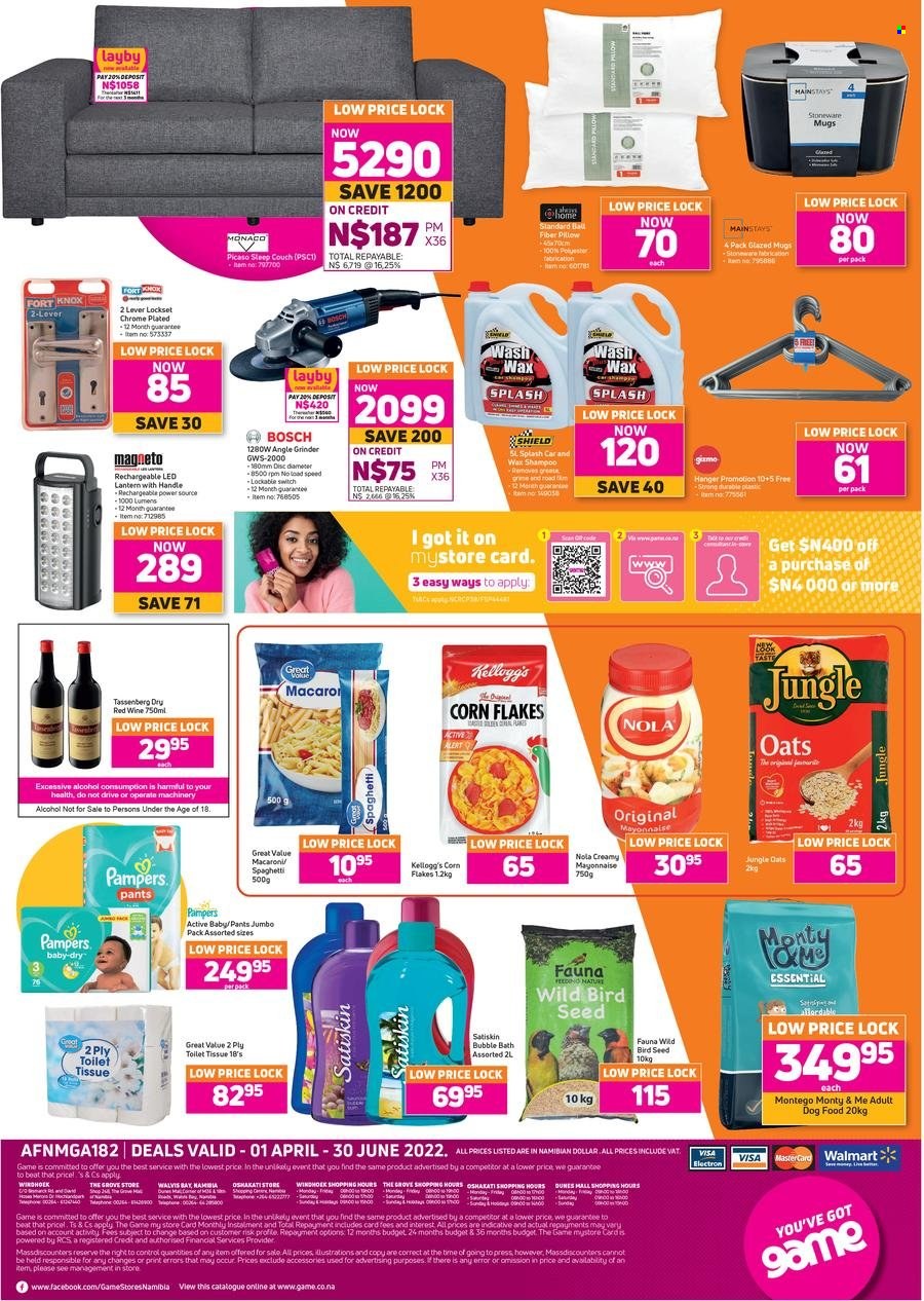 Game catalogue  - 01/04/2022 - 30/06/2022 - Sales products - spaghetti, macaroni, mayonnaise, Kellogg's, oats, corn flakes, red wine, wine, alcohol, Pampers, pants, toilet paper, bubble bath, shampoo, Satiskin, stoneware, pillow, animal food, bird food, dog food, Bosch, grinder, couch, angle grinder. Page 2.