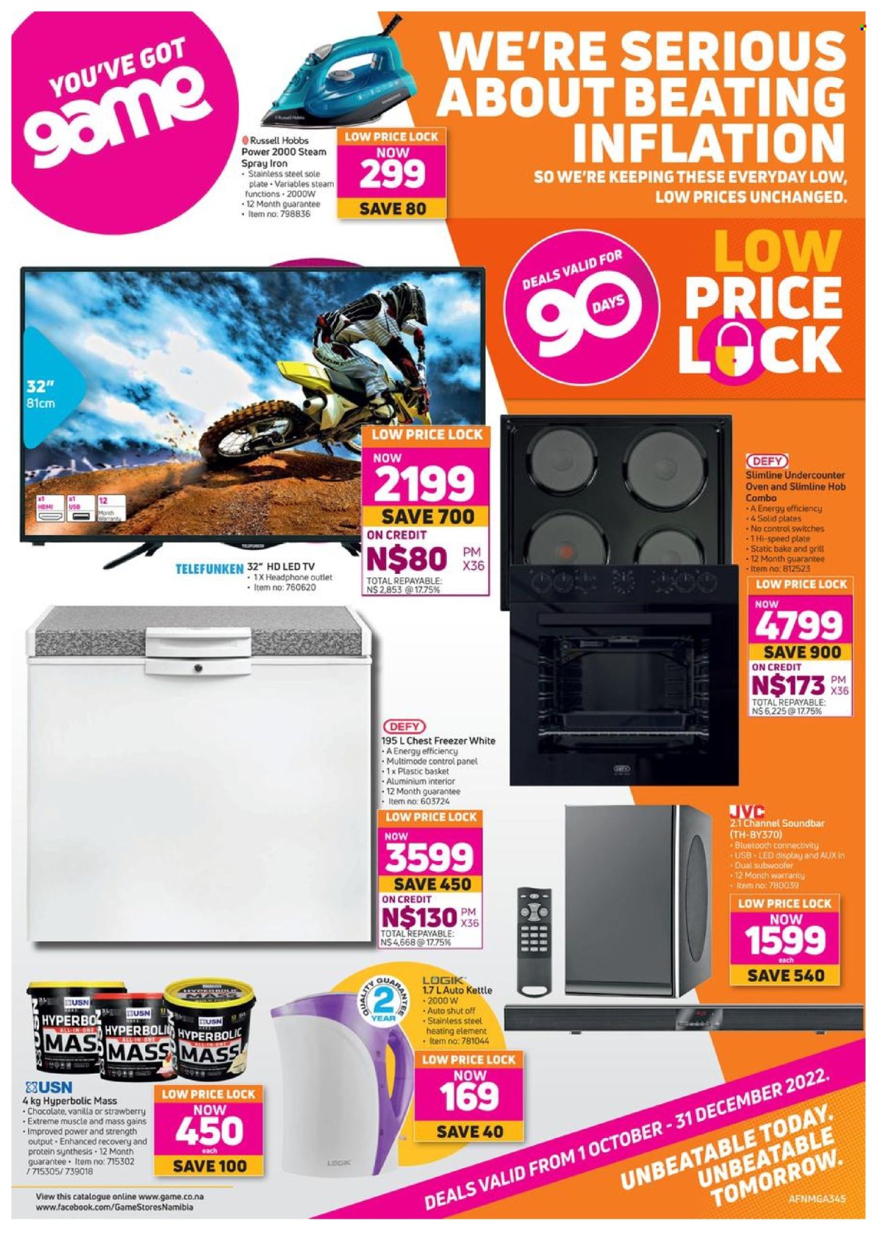 Game catalogue  - 01/10/2022 - 31/12/2022 - Sales products - chocolate, kettle, plate, LED TV, JVC, TV, subwoofer, sound bar, headphones, freezer, chest freezer, oven, hob, Russell Hobbs, iron, basket. Page 1.