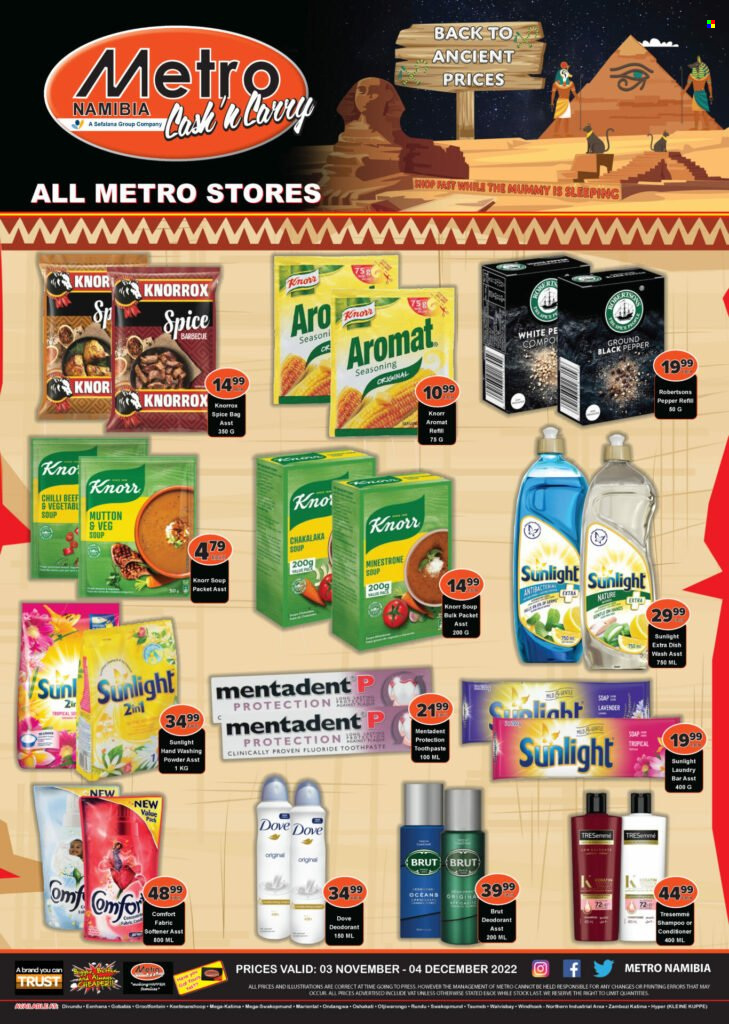 Metro catalogue  - 03/11/2022 - 04/12/2022 - Sales products - soup, Knorr, chakalaka, Dove, Knorrox, spice, mutton meat. Page 1.