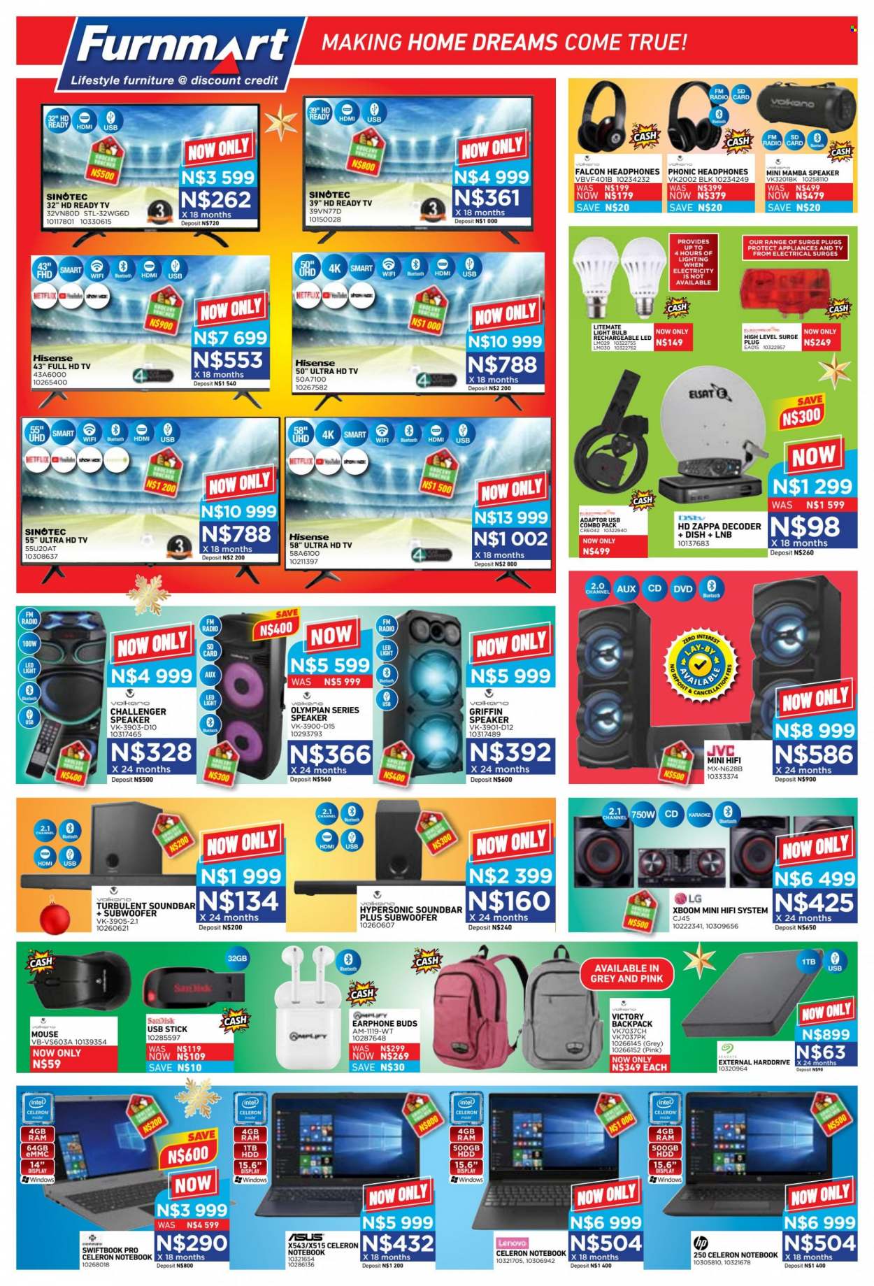 Furnmart catalogue  - 14/11/2022 - 06/12/2022 - Sales products - Asus, Lenovo, notebook, memory card, mouse, Intel, Seagate, UHD TV, ultra hd, HDTV, Hisense, JVC, Full HD TV, TV, SINOTEC, radio, decoder, speaker, subwoofer, sound bar, headphones, Volkano, earphone, backpack. Page 6.
