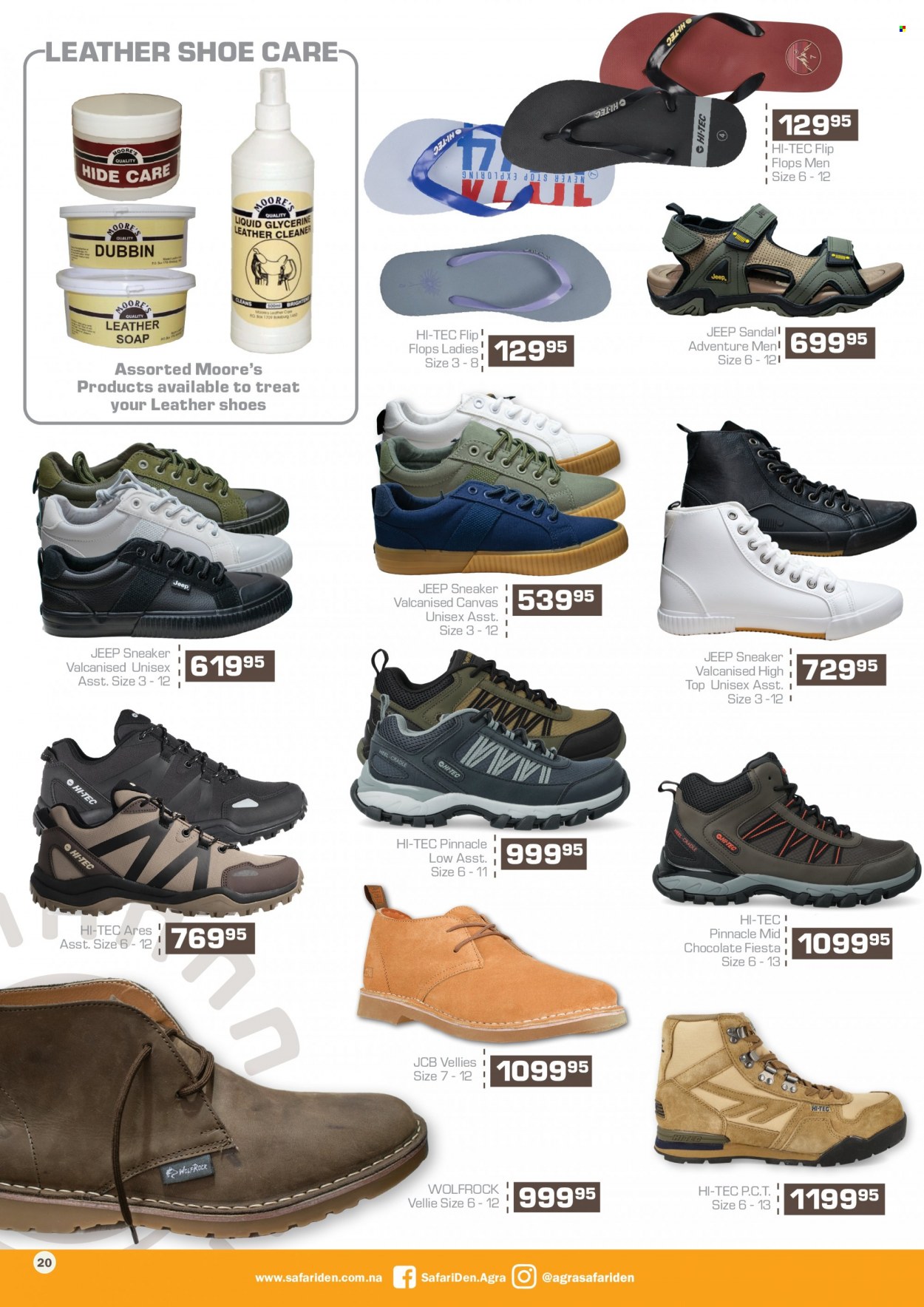 Agra catalogue  - 17/11/2022 - 08/01/2023 - Sales products - sandals, shoes, sneakers, HI-TEC, flip flops, canvas, cleaner. Page 20.