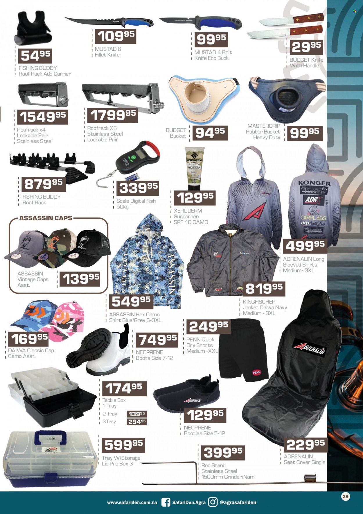 Agra catalogue  - 17/11/2022 - 08/01/2023 - Sales products - boots, knife, eraser, tray, grinder, car seat cover, roof rack, fishing rod, DAIWA, Penn, rod stand, tackle box. Page 29.