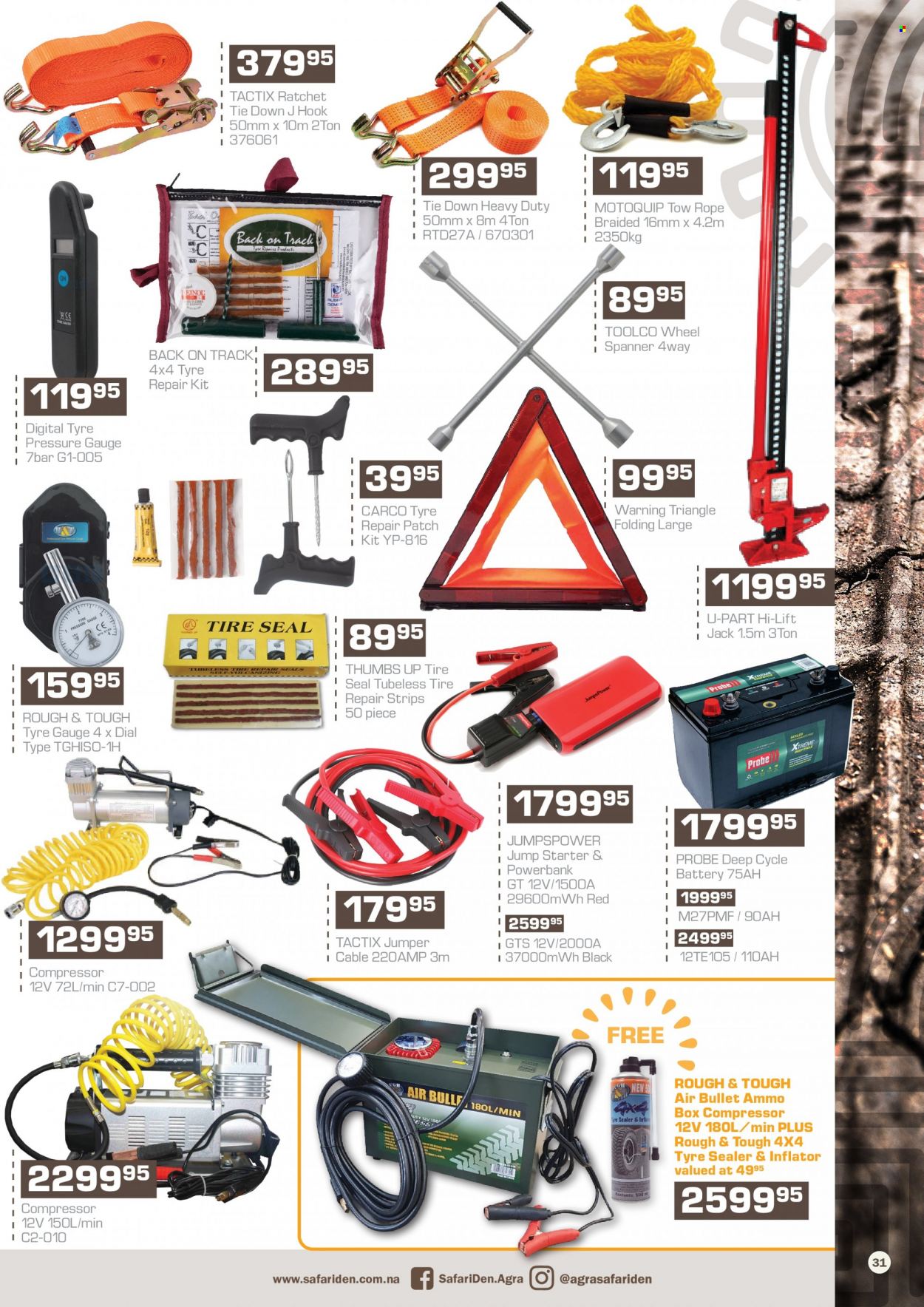 Agra catalogue  - 17/11/2022 - 08/01/2023 - Sales products - hook, tow rope, inflator, spanner, air compressor, deep cycle battery, starter, ammo can, ammo. Page 31.