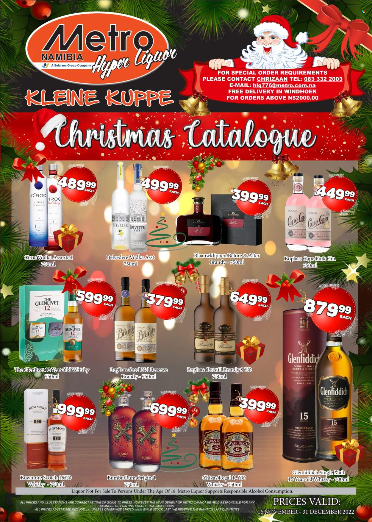 Metro catalogue  - 16/11/2022 - 31/12/2022 - Sales products - malt, alcohol, brandy, gin, rum, vodka, Chivas Regal, Glenfiddich, Cîroc, whisky. Page 1.