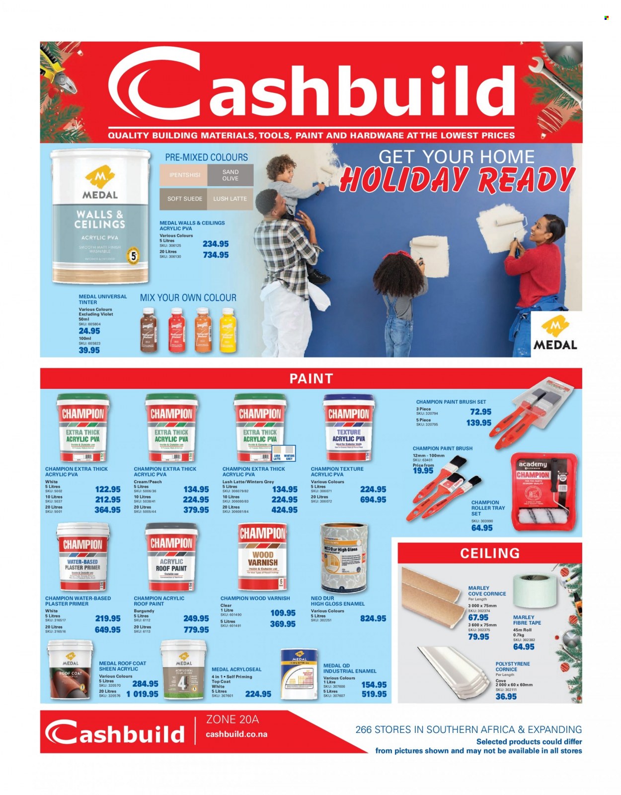 Cashbuild catalogue  - 21/11/2022 - 22/01/2023 - Sales products - gloss enamel, industrial enamel, acrylic PVA, paint brush, roller, brush set, roller tray set, top coat, Medal, plaster primer, roof paint. Page 1.