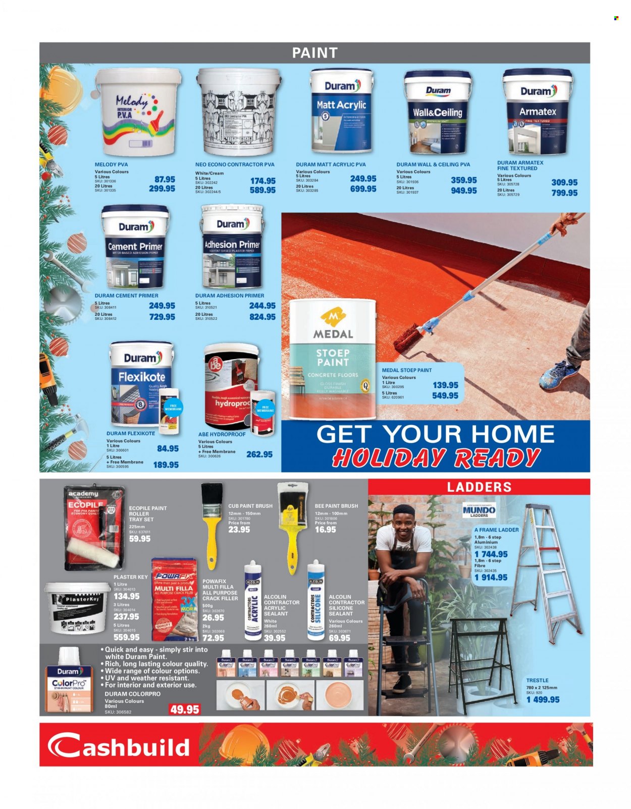 Cashbuild catalogue  - 21/11/2022 - 22/01/2023 - Sales products - ladder, acrylic PVA, ceiling PVA, silicone sealants, paint brush, roller, roller tray set, Duram, Medal, Bosch. Page 2.
