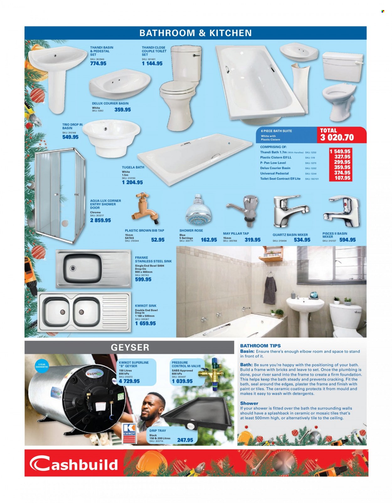 Cashbuild catalogue  - 21/11/2022 - 22/01/2023 - Sales products - toilet seat, basin mixer, geyser, sink, stainless steel sink, paint, brick. Page 6.