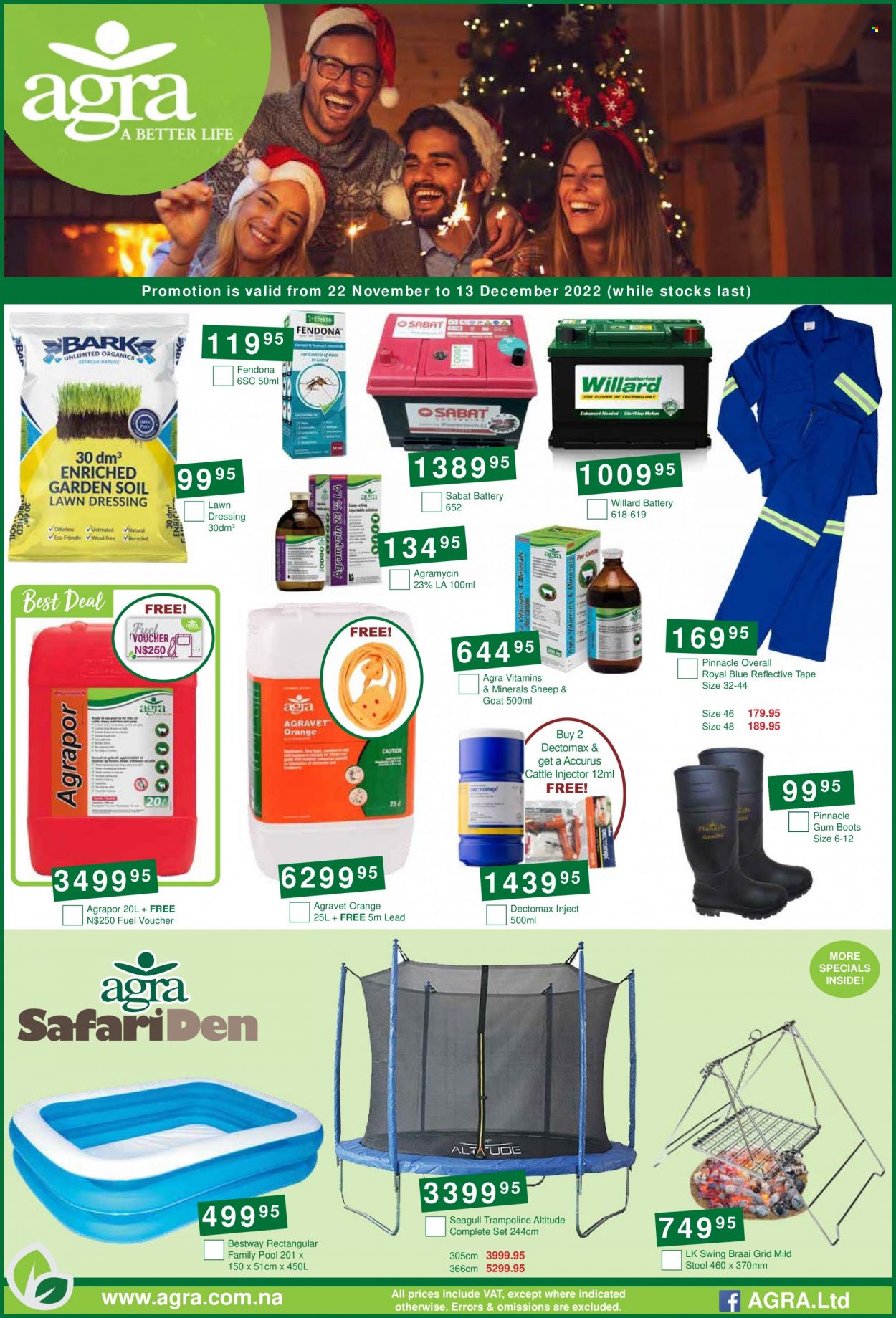 Agra catalogue  - 22/11/2022 - 13/12/2022 - Sales products - boots, battery, trampoline, braai, pool. Page 1.