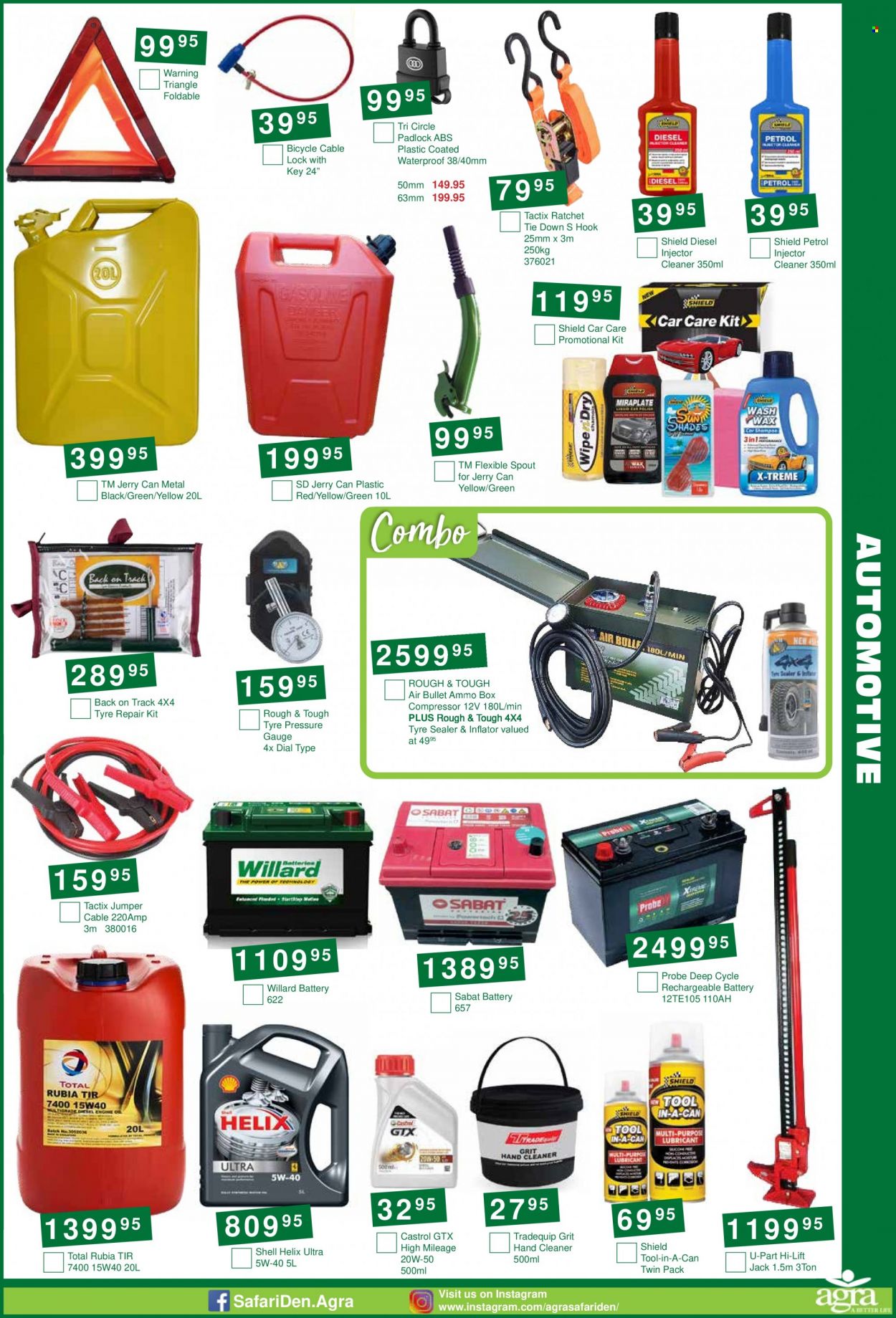 Agra catalogue  - 22/11/2022 - 13/12/2022 - Sales products - hook, rechargeable battery, inflator, air compressor, injector cleaner, cleaner, Shell, Castrol, Total Rubia, ammo can, jerry can, ammo. Page 3.