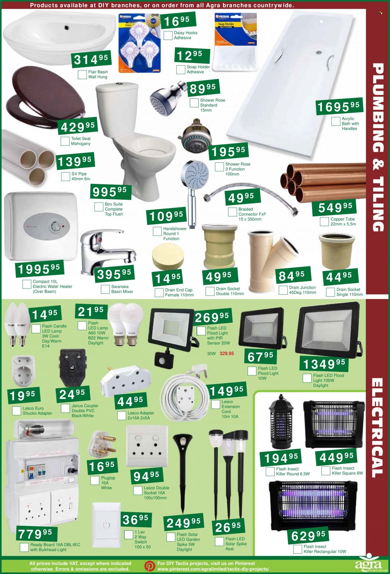 Agra catalogue  - 22/11/2022 - 13/12/2022 - Sales products - toilet seat, basin mixer, pipe, copper tube, Holder, hook, lamp, solar led, floodlight, switch, ready board, extension cord, insect killer. Page 9.