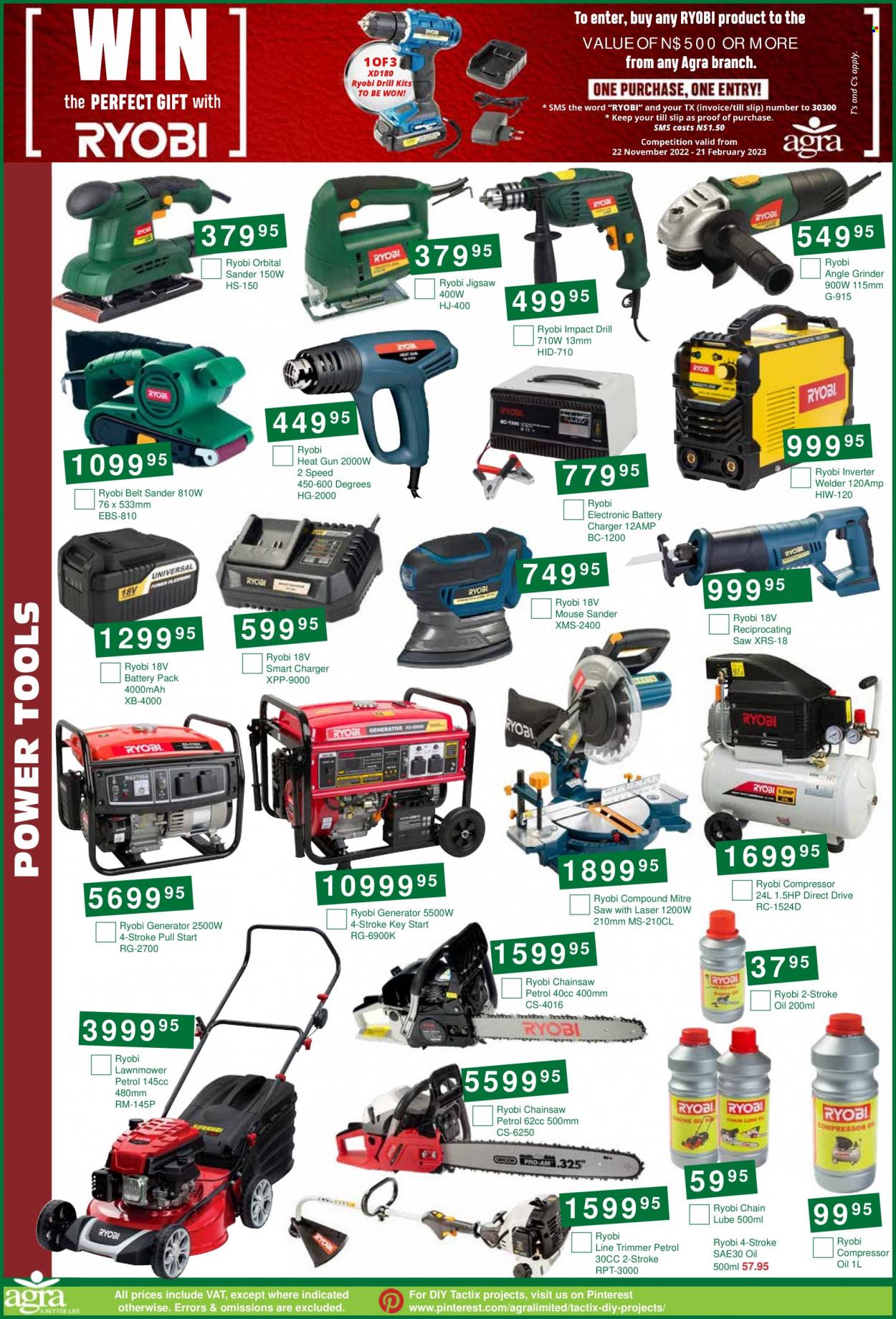 Agra catalogue  - 22/11/2022 - 13/12/2022 - Sales products - battery charger, mouse, oil, drill, power tools, Ryobi, chain saw, grinder, saw, angle grinder, belt sander, reciprocating saw, trimmer, lawn mower, air compressor, generator, inverter welder, welder. Page 10.