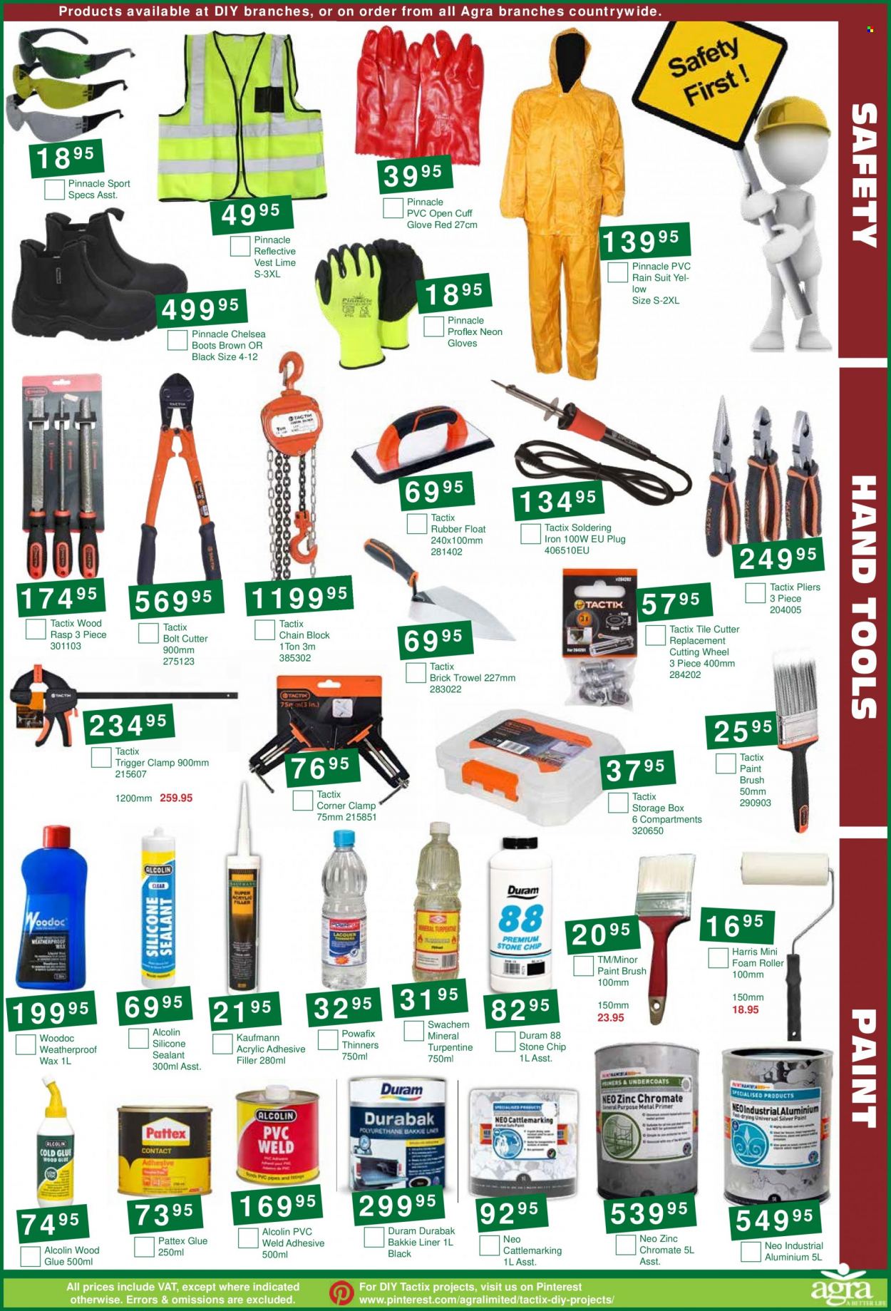 Agra catalogue  - 22/11/2022 - 13/12/2022 - Sales products - boots, paint brush, eraser, glue, cutter, vest, adhesive, silicone sealants, roller, Duram, pliers, bolt cutter, hand tools, storage box, soldering iron, zinc. Page 11.