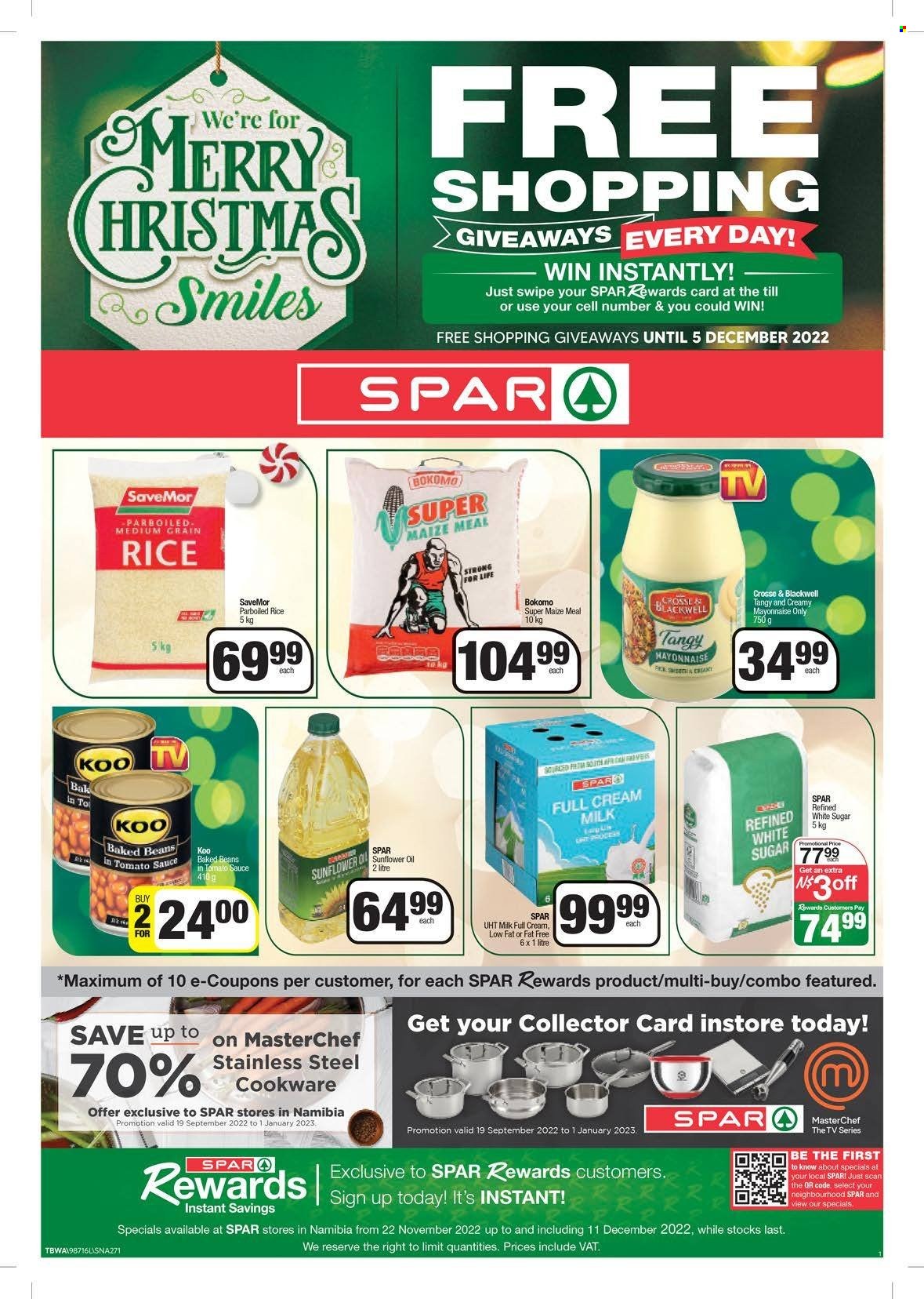 SPAR catalogue  - 22/11/2022 - 11/12/2022 - Sales products - beans, mayonnaise, sugar, maize meal, baked beans, Koo, rice, parboiled rice, medium grain rice, sunflower oil, oil. Page 1.