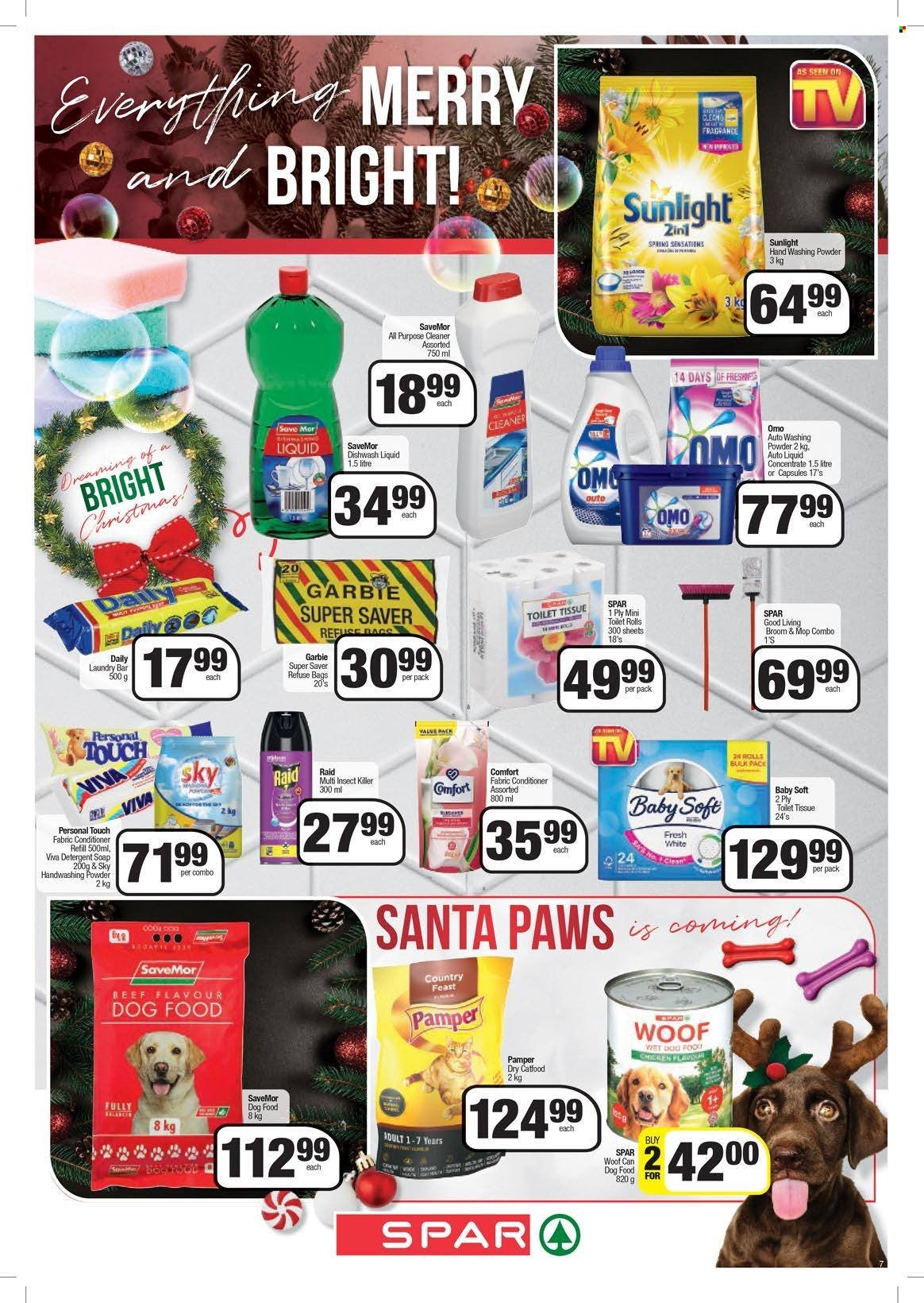 SPAR catalogue  - 22/11/2022 - 11/12/2022 - Sales products - Santa, Baby Soft, toilet paper, detergent, all purpose cleaner, cleaner, fabric conditioner, Omo, laundry powder, laundry soap bar, Sunlight, Comfort softener, dishwashing liquid, soap, insect killer, refuse bag. Page 7.