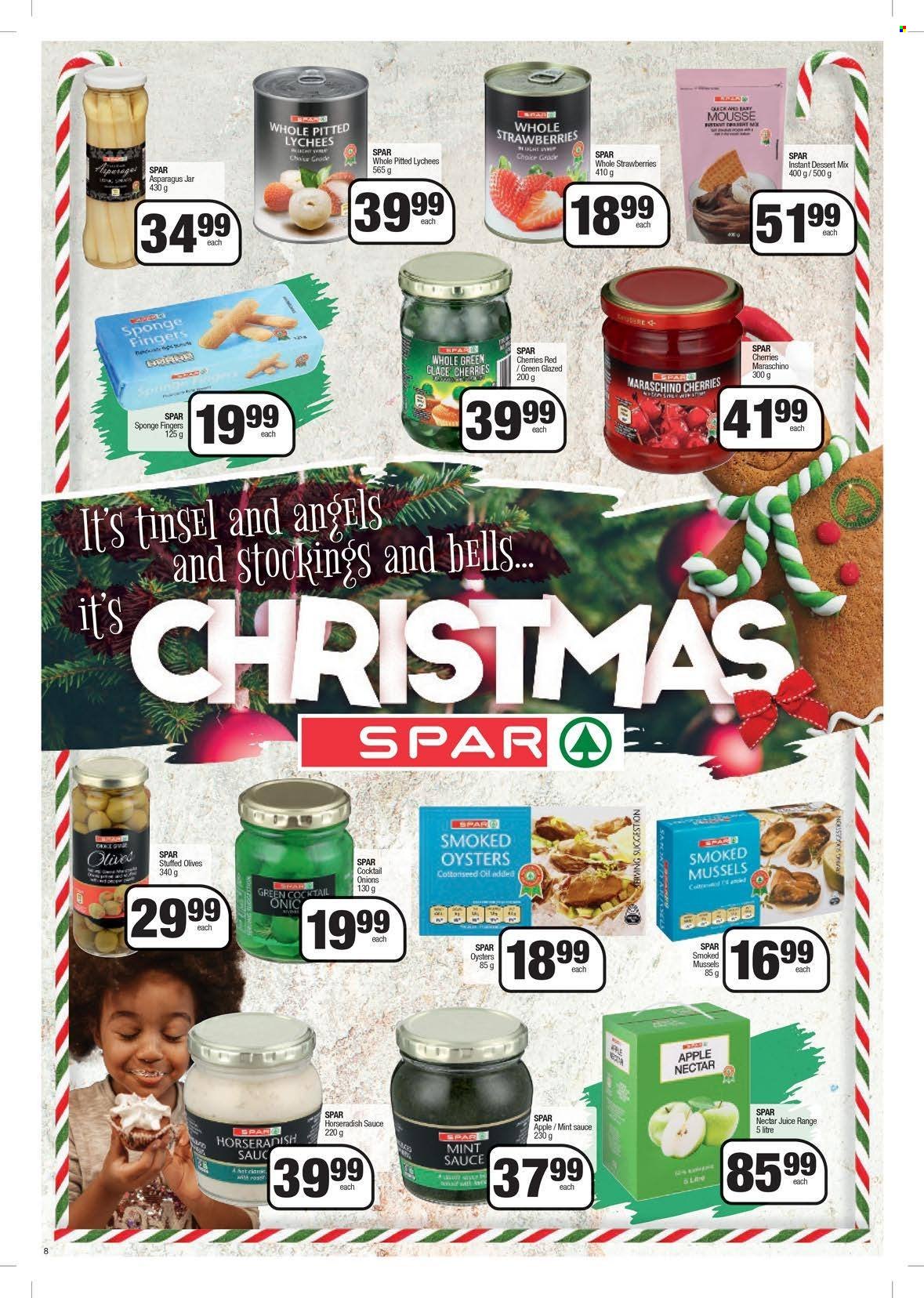 SPAR catalogue  - 22/11/2022 - 11/12/2022 - Sales products - asparagus, horseradish, onion, strawberries, mussel, smoked oysters, oysters, sauce, olives, Maraschino cherries, oil, juice, Sol. Page 8.