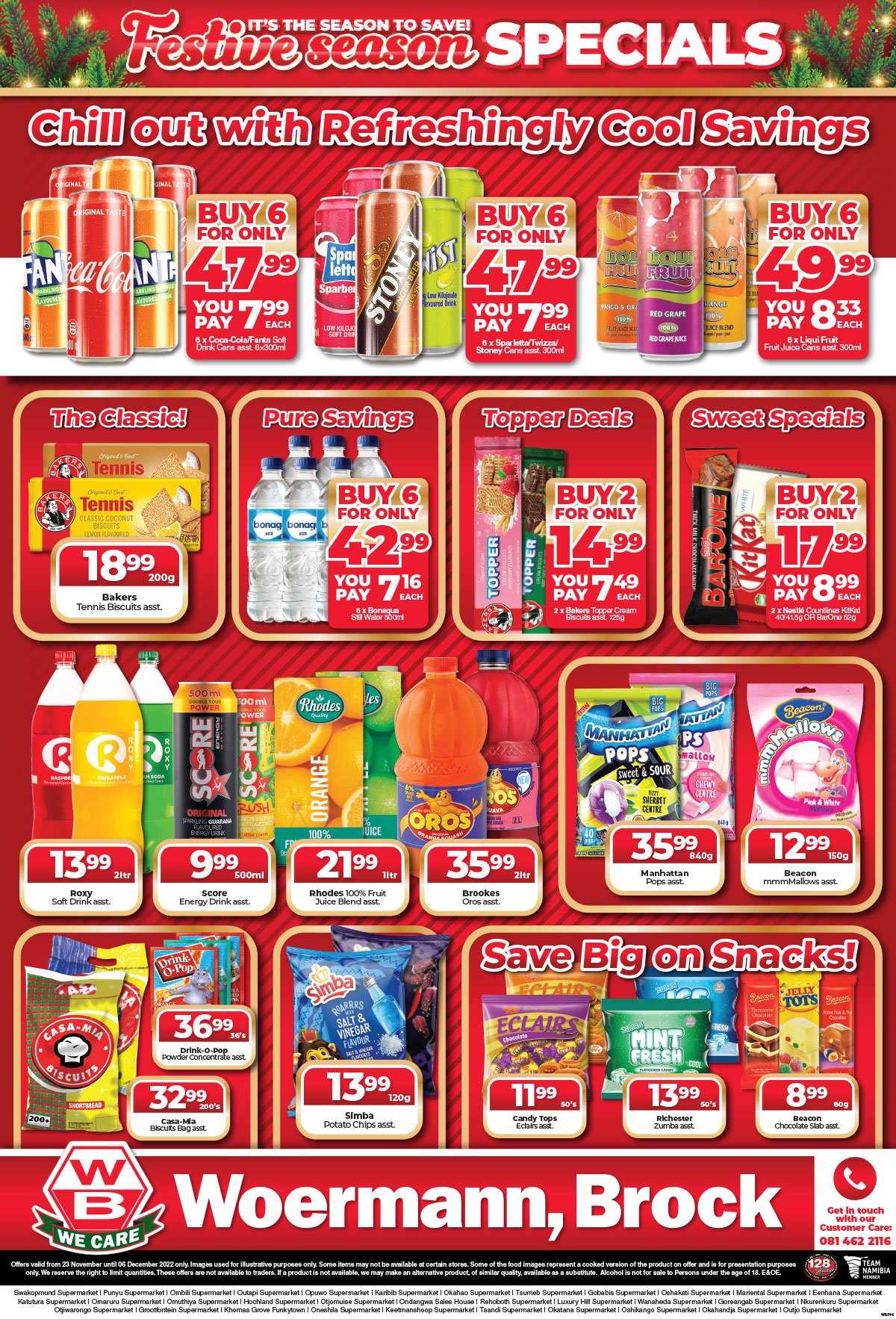 Woermann Brock catalogue  - 23/11/2022 - 06/12/2022 - Sales products - pineapple, orange, milk, sherbet, marshmallows, Nestlé, chocolate, snack, KitKat, jelly, biscuit, potato chips, chips, Simba, Coca-Cola, Fanta, energy drink, fruit juice, juice, soft drink, Oros, mineral water, soda, bottled water, Bonaqua, alcohol, Bakers. Page 6.