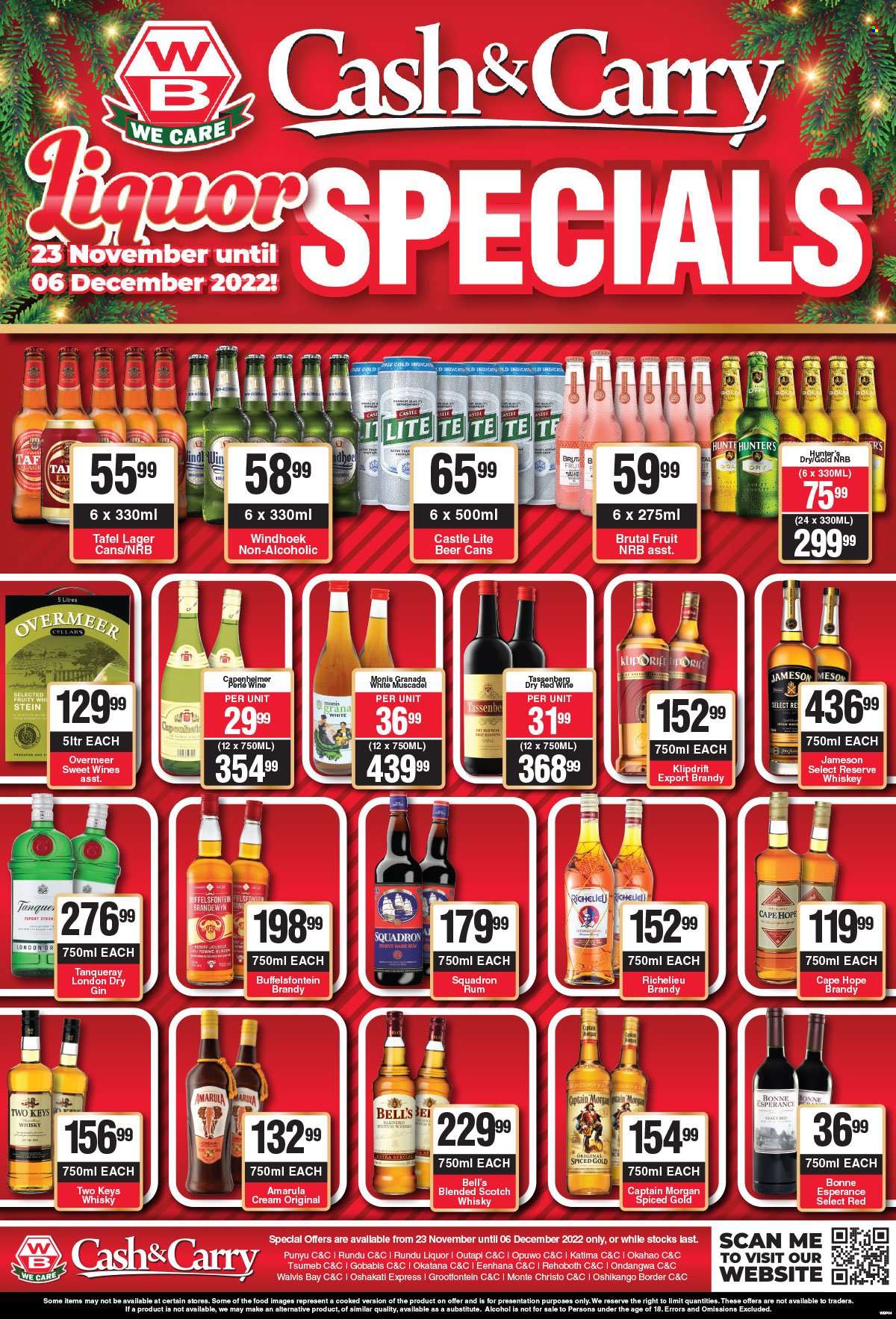 Woermann Brock catalogue  - 23/11/2022 - 06/12/2022 - Sales products - red wine, wine, alcohol, brandy, Captain Morgan, gin, rum, whiskey, Jameson, liquor, Richelieu, Amarula, Klipdrift, Buffelsfontein, scotch whisky, whisky, beer, Sol, Castle, Lager. Page 1.