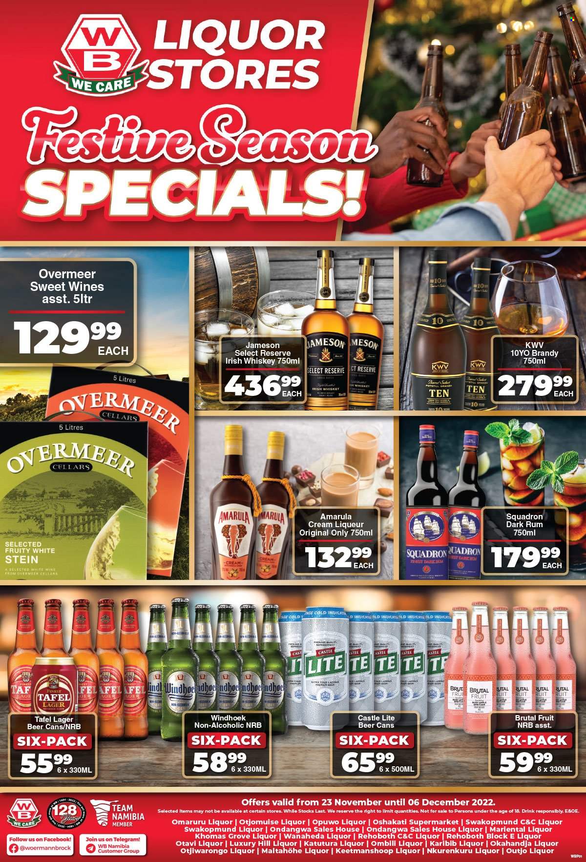 Woermann Brock catalogue  - 23/11/2022 - 06/12/2022 - Sales products - white wine, wine, KWV, brandy, liqueur, rum, whiskey, irish whiskey, Jameson, liquor, Amarula, whisky, beer, Castle, Lager, Brut. Page 2.