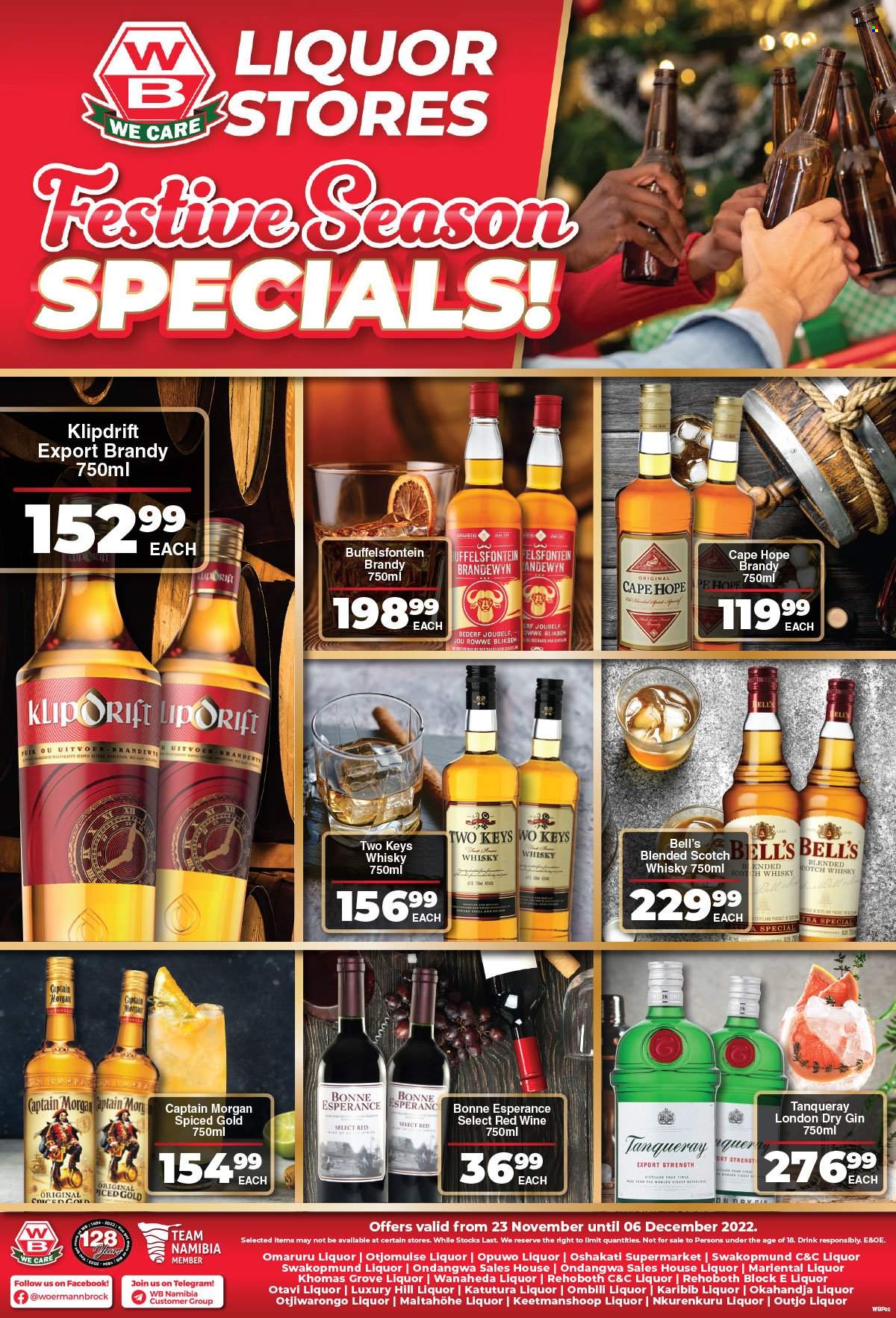Woermann Brock catalogue  - 23/11/2022 - 06/12/2022 - Sales products - Bella, red wine, wine, brandy, Captain Morgan, gin, liquor, Klipdrift, Buffelsfontein, scotch whisky, whisky. Page 3.