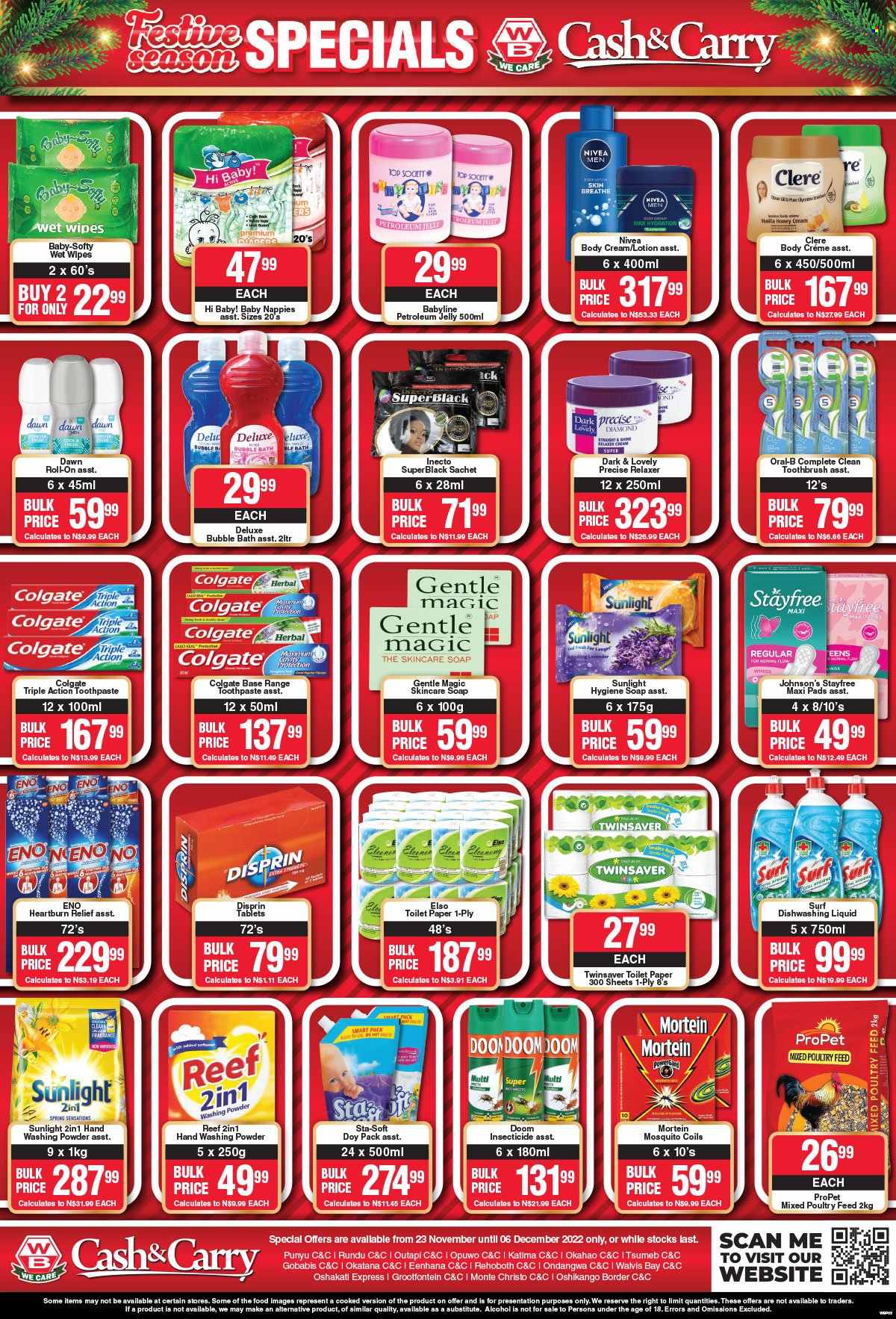 Woermann Brock catalogue  - 23/11/2022 - 06/12/2022 - Sales products - honey, alcohol, wipes, nappies, Johnson's, toilet paper, cleaner, Mortein, laundry powder, Sunlight, Surf, dishwashing liquid, bubble bath, Nivea, soap, Colgate, toothbrush, Oral-B, toothpaste, Stayfree, sanitary pads, petroleum jelly, Gentle Magic, relaxer, body lotion, Clere, Top Society, roll-on. Page 3.