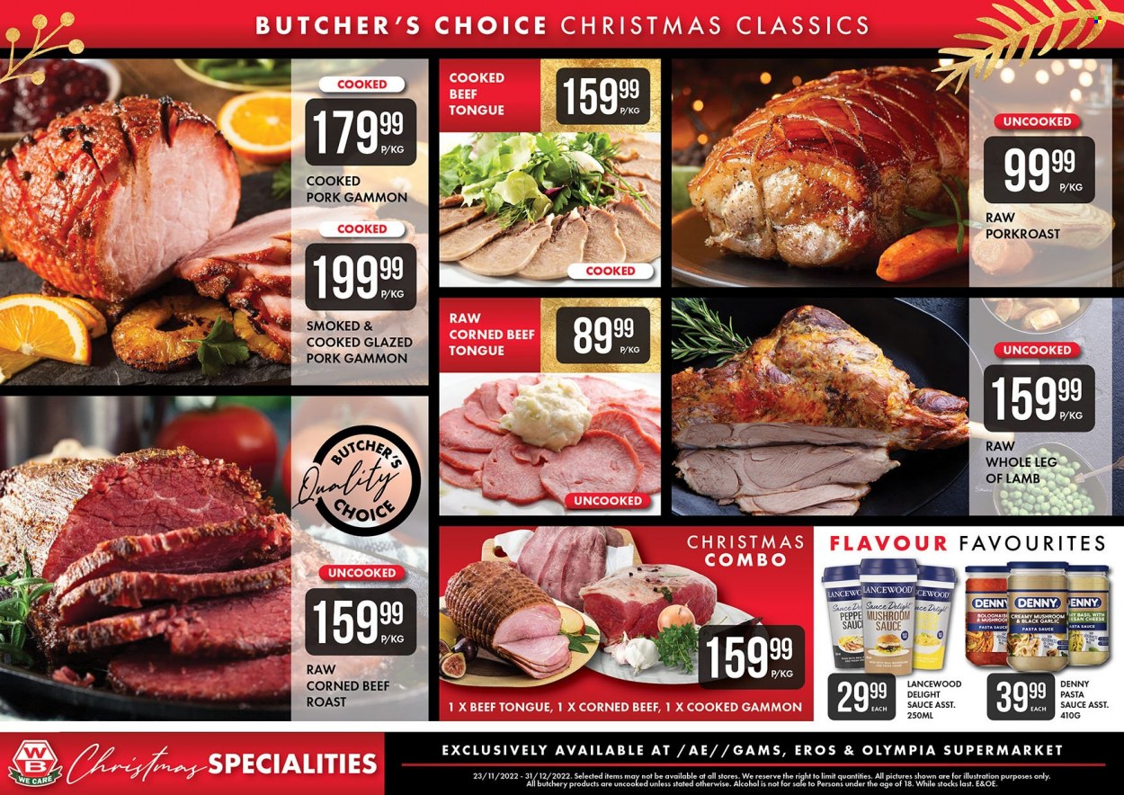 Woermann Brock catalogue  - 23/11/2022 - 31/12/2022 - Sales products - Ace, pasta sauce, sauce, corned beef, gammon, cheese, Lancewood, alcohol, beef meat, roast beef, lamb leg. Page 2.
