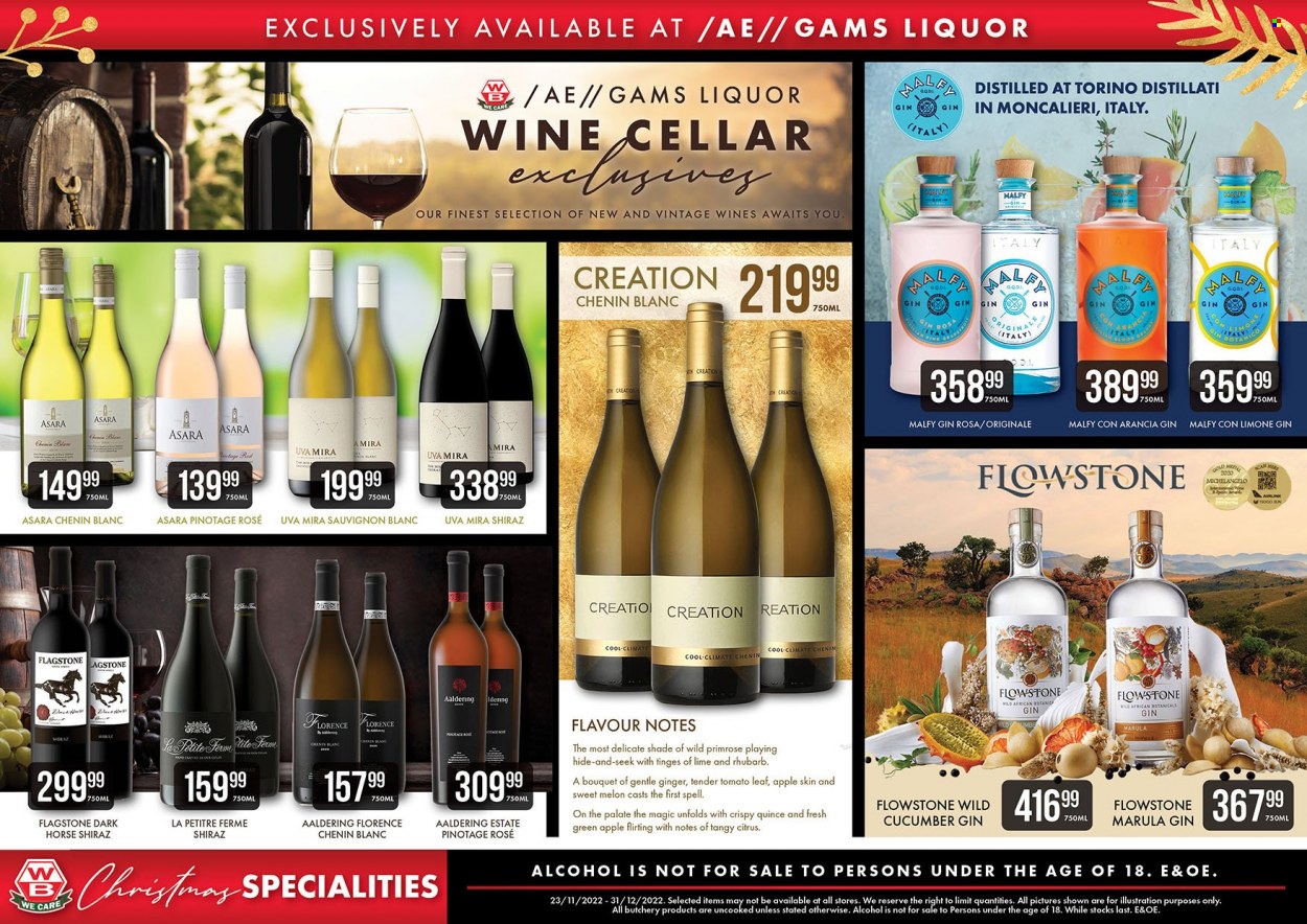 Woermann Brock catalogue  - 23/11/2022 - 31/12/2022 - Sales products - ginger, rhubarb, quince, red wine, white wine, wine, alcohol, Chenin Blanc, Shiraz, Sauvignon Blanc, rosé wine, gin, liquor, melons. Page 7.