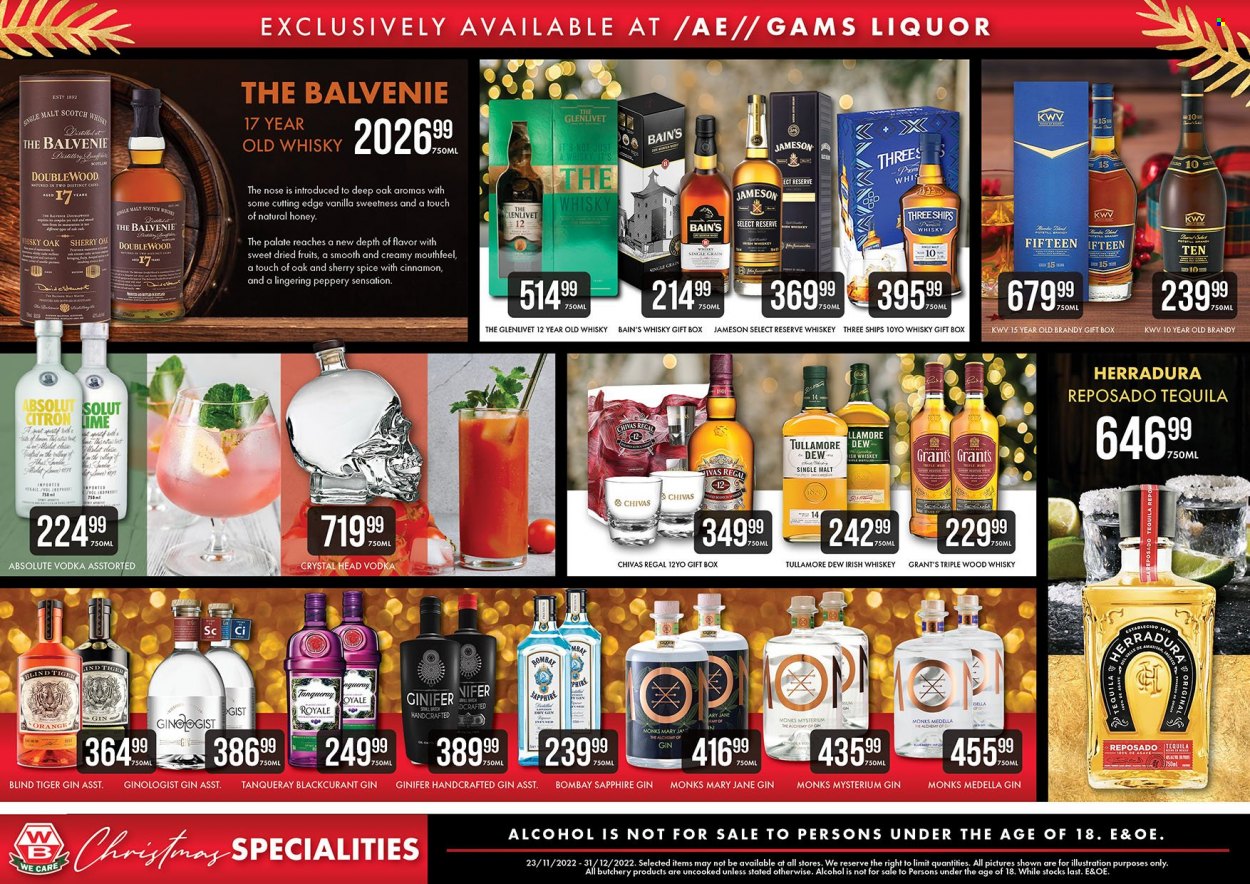Woermann Brock catalogue  - 23/11/2022 - 31/12/2022 - Sales products - spice, honey, alcohol, KWV, brandy, gin, sherry, tequila, vodka, whiskey, irish whiskey, Jameson, liquor, Grant's, Absolut, Chivas Regal, scotch whisky, whisky. Page 8.