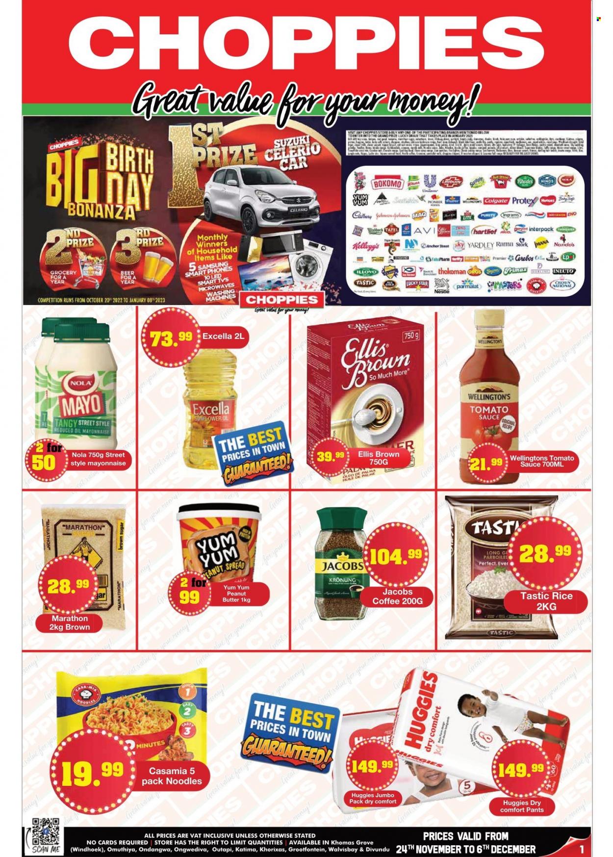 Choppies catalogue  - 24/11/2022 - 06/12/2022 - Sales products - sauce, noodles, Parmalat, Ellis Brown, yeast, Rama, Anchor, mayonnaise, Nestlé, Kellogg's, Cadbury, cane sugar, tomato sauce, rice, Tastic, Hinds, honey, peanut butter, coffee, Jacobs, Jacobs Krönung, beer, Purity, Huggies, pants, Protex, Lifebuoy, Colgate, Yardley. Page 1.
